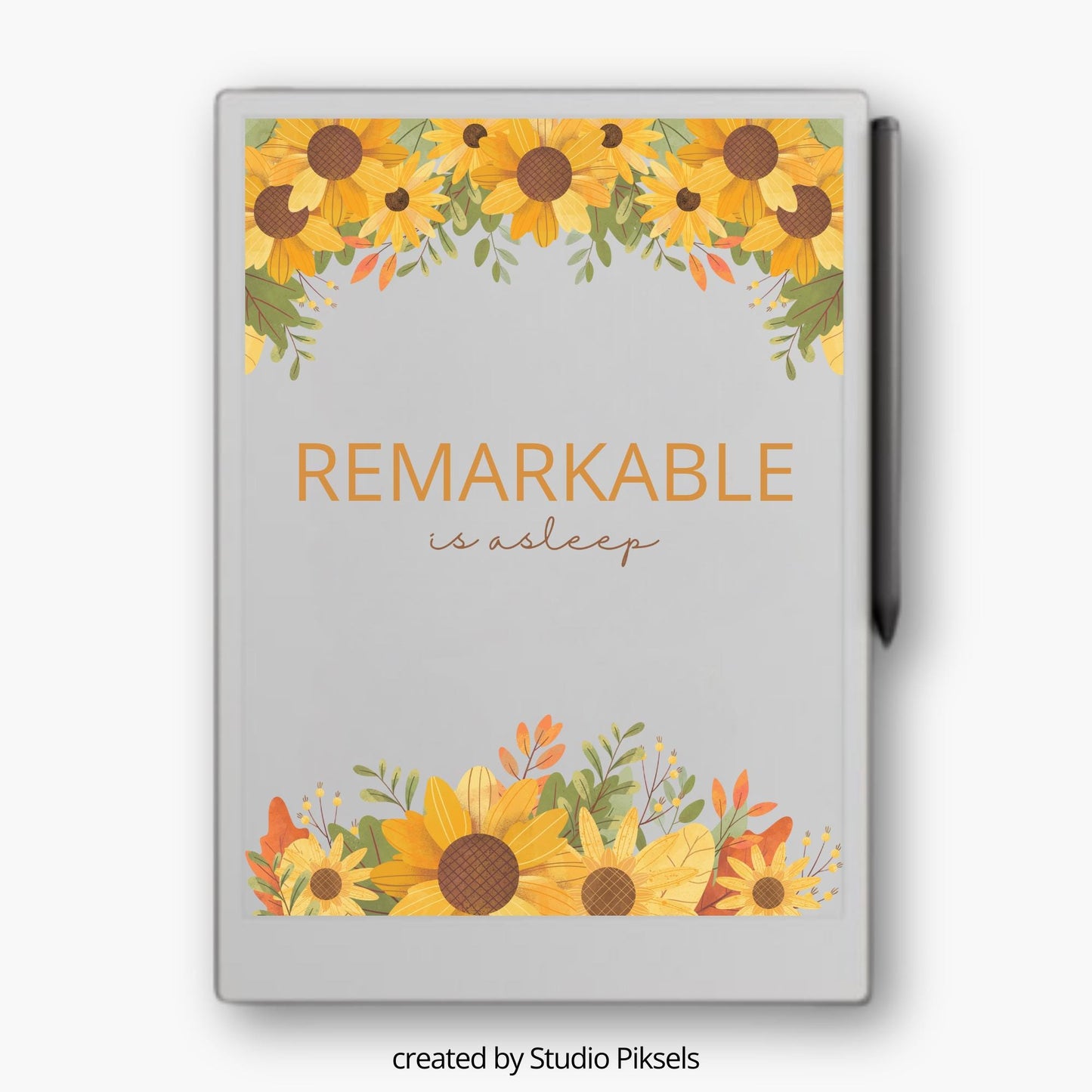 Sunflower sleep screen for reMarkable Paper Pro featuring bright floral artwork with vibrant sunflowers at the top and bottom of the display, designed to add a warm and uplifting visual style to E Ink devices in sleep mode.