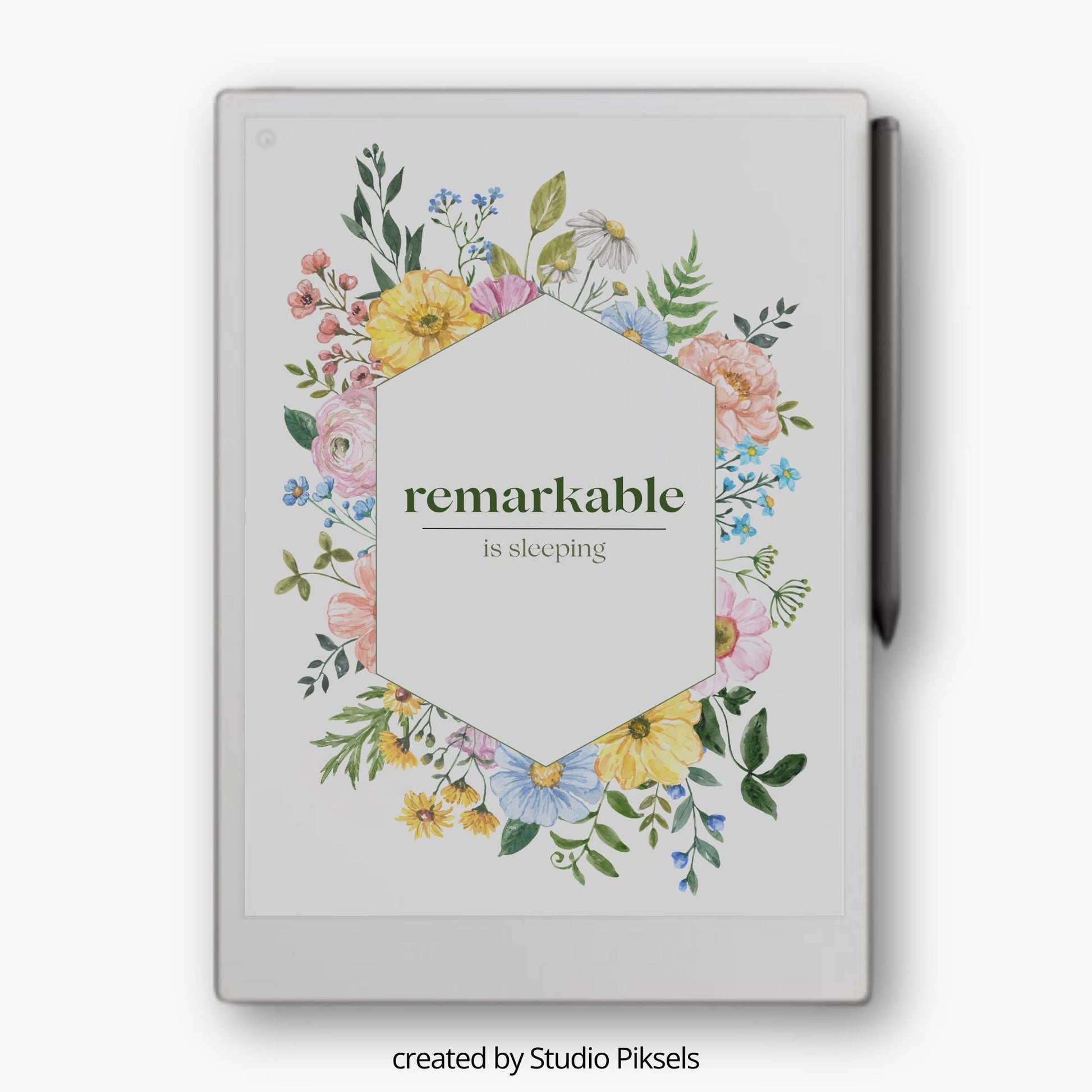 Botanical sleep screen for the reMarkable Paper Pro featuring a high-resolution floral PNG background design and detailed geometric flower artwork.