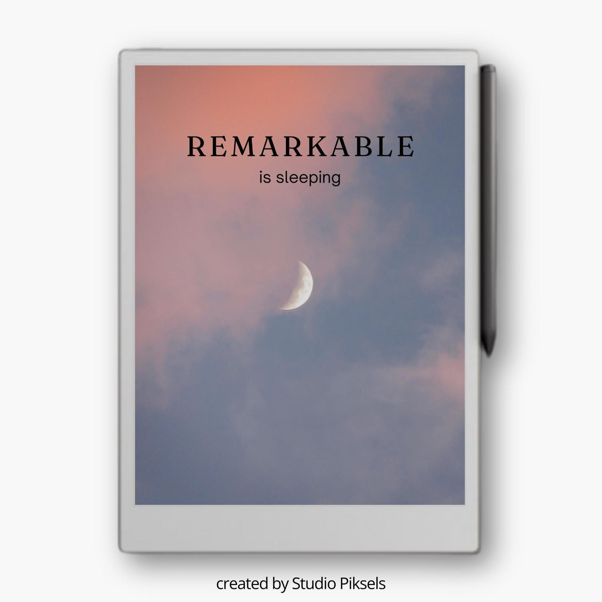Bring a calm night-sky atmosphere to your reMarkable Paper Pro with this crescent moon sleep screen. The design features a soft twilight sky with a crescent moon and gentle clouds, creating a quiet and reflective visual for sleep mode.