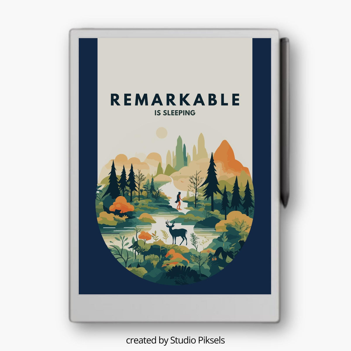 Enhance your reMarkable Paper Pro with a scenic landscape sleep screen. Featuring a hiker crossing a river with a deer nearby, set against lush forests and majestic mountains, this design provides a calming and nature-inspired display.