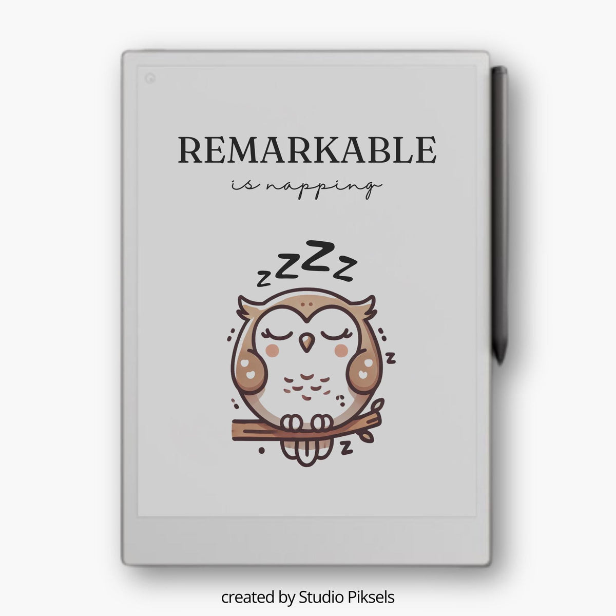 Cute owl sleep screen for reMarkable Paper Pro featuring a sleepy owl illustration with soft neutral colors designed to create a calming and playful digital cover for E Ink devices.