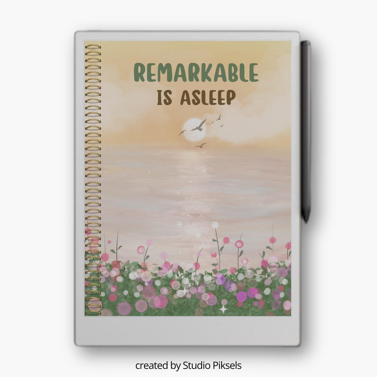 Sunset sleep screen for reMarkable Paper Pro featuring watercolor landscape artwork with calm waters, flying birds, wildflowers, and soft nature-inspired colors for relaxing E Ink device customization.