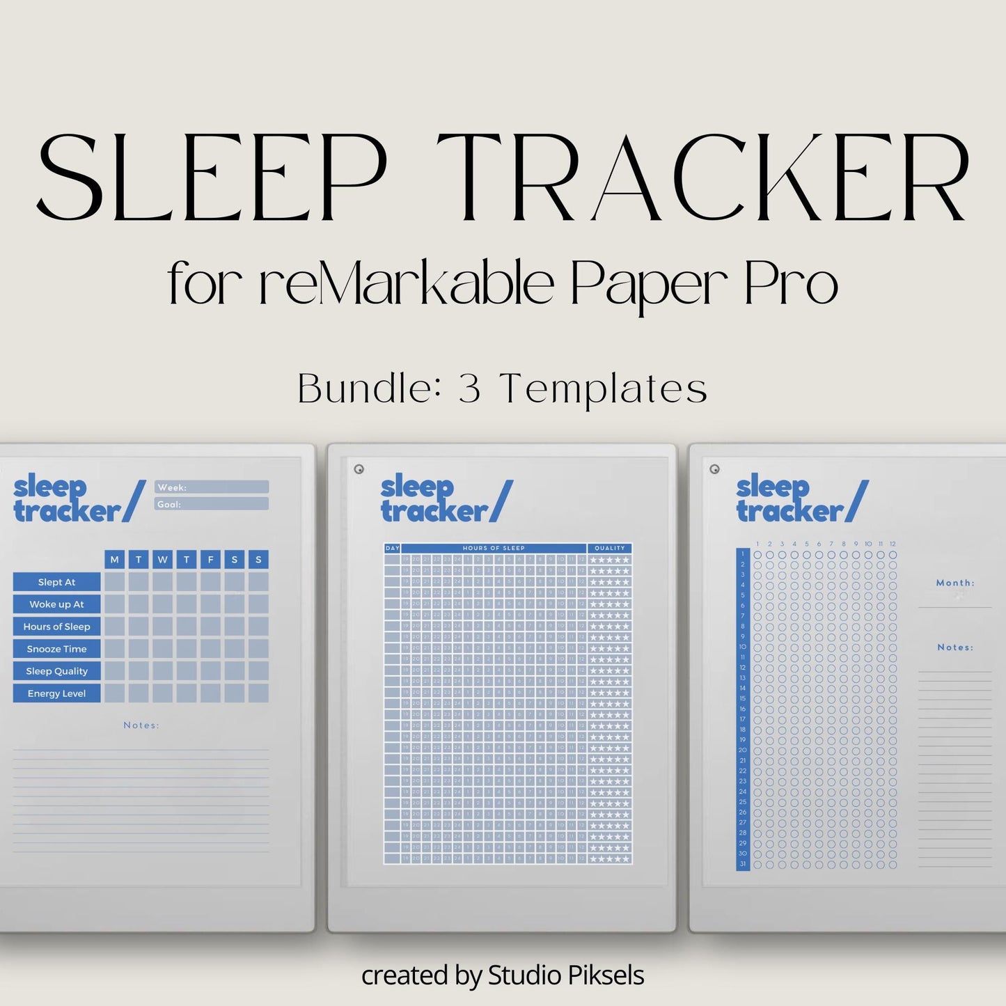 Sleep Tracker Bundle for reMarkable Paper Pro with reusable daily, weekly, and monthly sleep tracking templates, wellness planning layouts, and minimalist digital sleep journal pages.