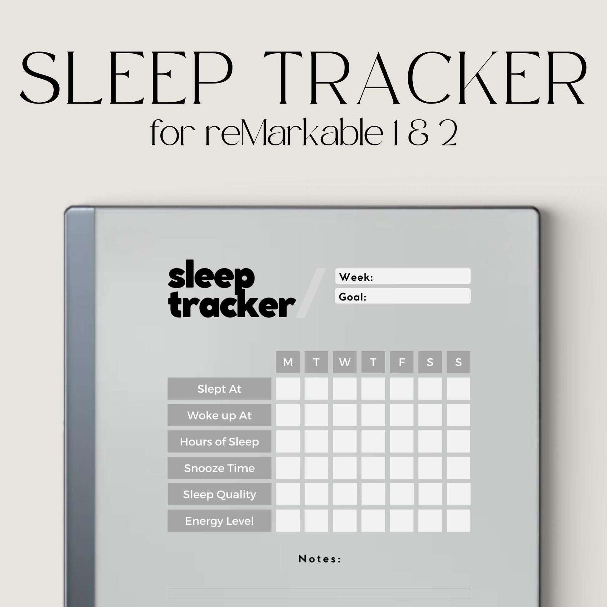 Sleep Tracker for reMarkable 2 and reMarkable Paper Pure featuring reusable weekly sleep tracking pages with sleep quality, energy levels, and notes sections