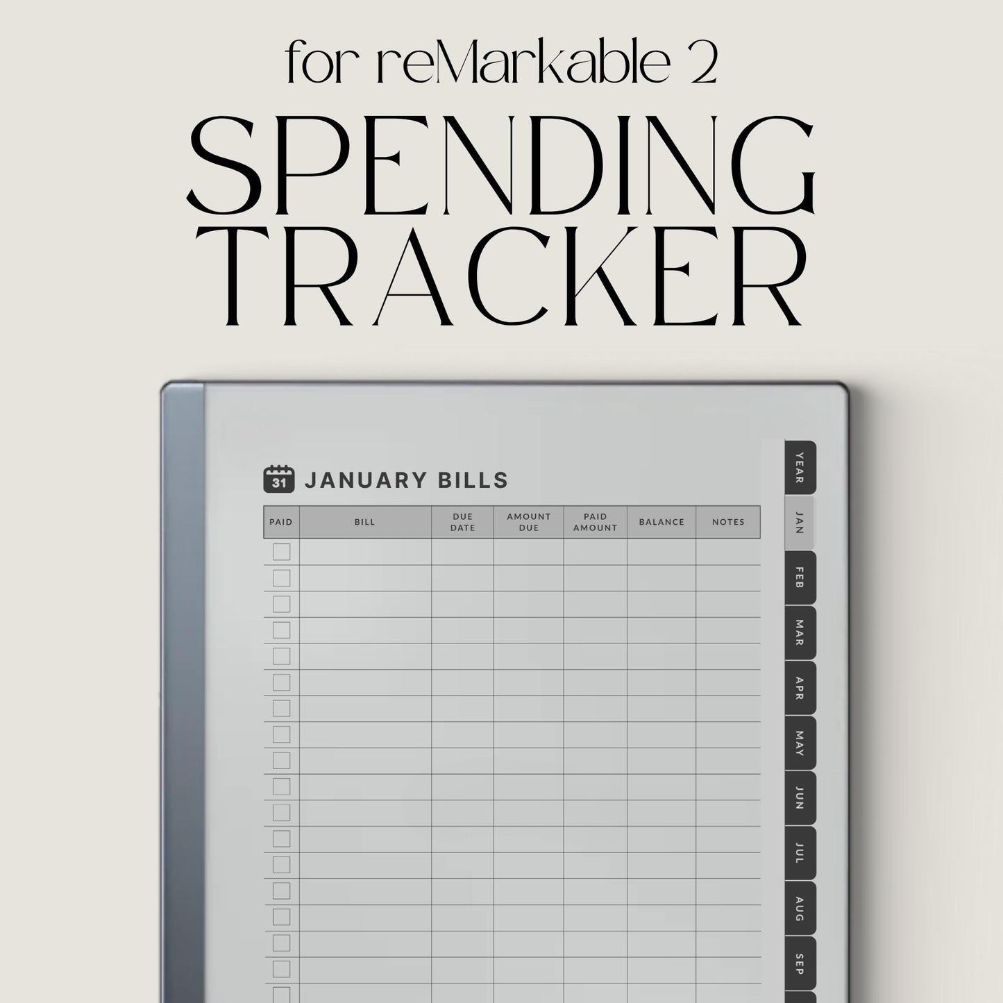 Spending Tracker PDF for reMarkable 1 and reMarkable 2 with annual bill tracker, debt log, and monthly budget pages.