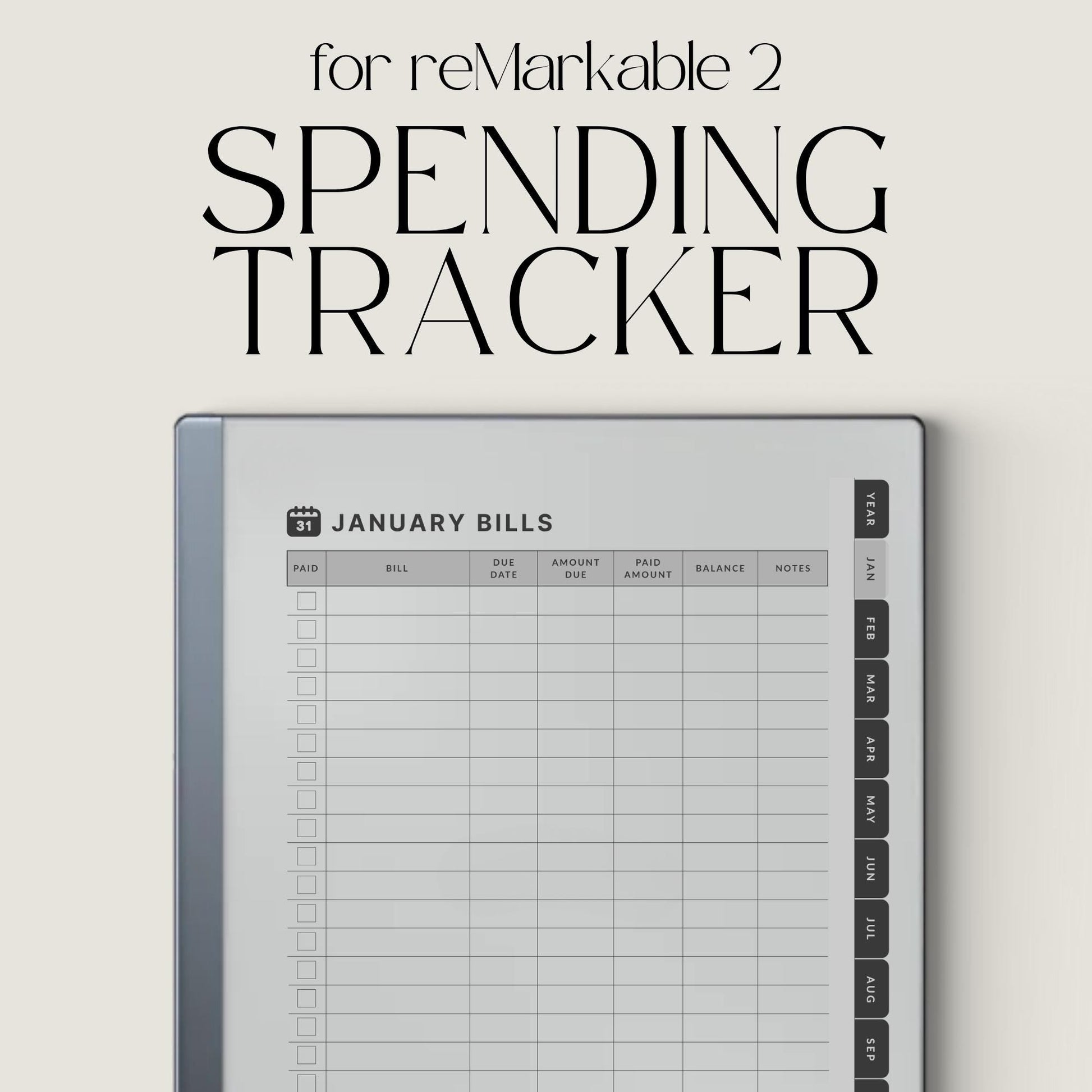 Spending Tracker PDF for reMarkable 1 and reMarkable 2 with annual bill tracker, debt log, and monthly budget pages.