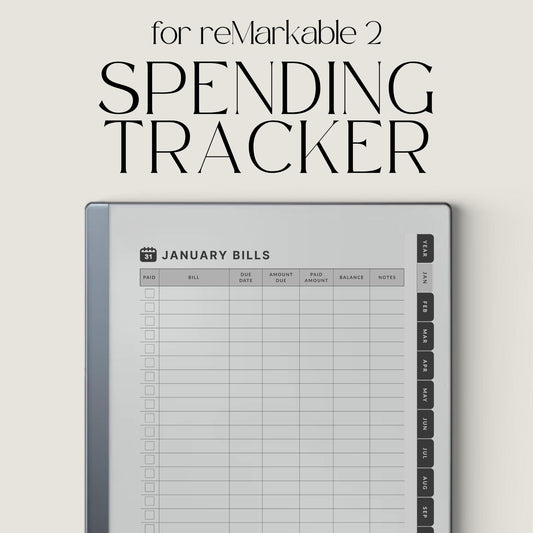 Spending Tracker PDF for reMarkable 1 and reMarkable 2 with annual bill tracker, debt log, and monthly budget pages.