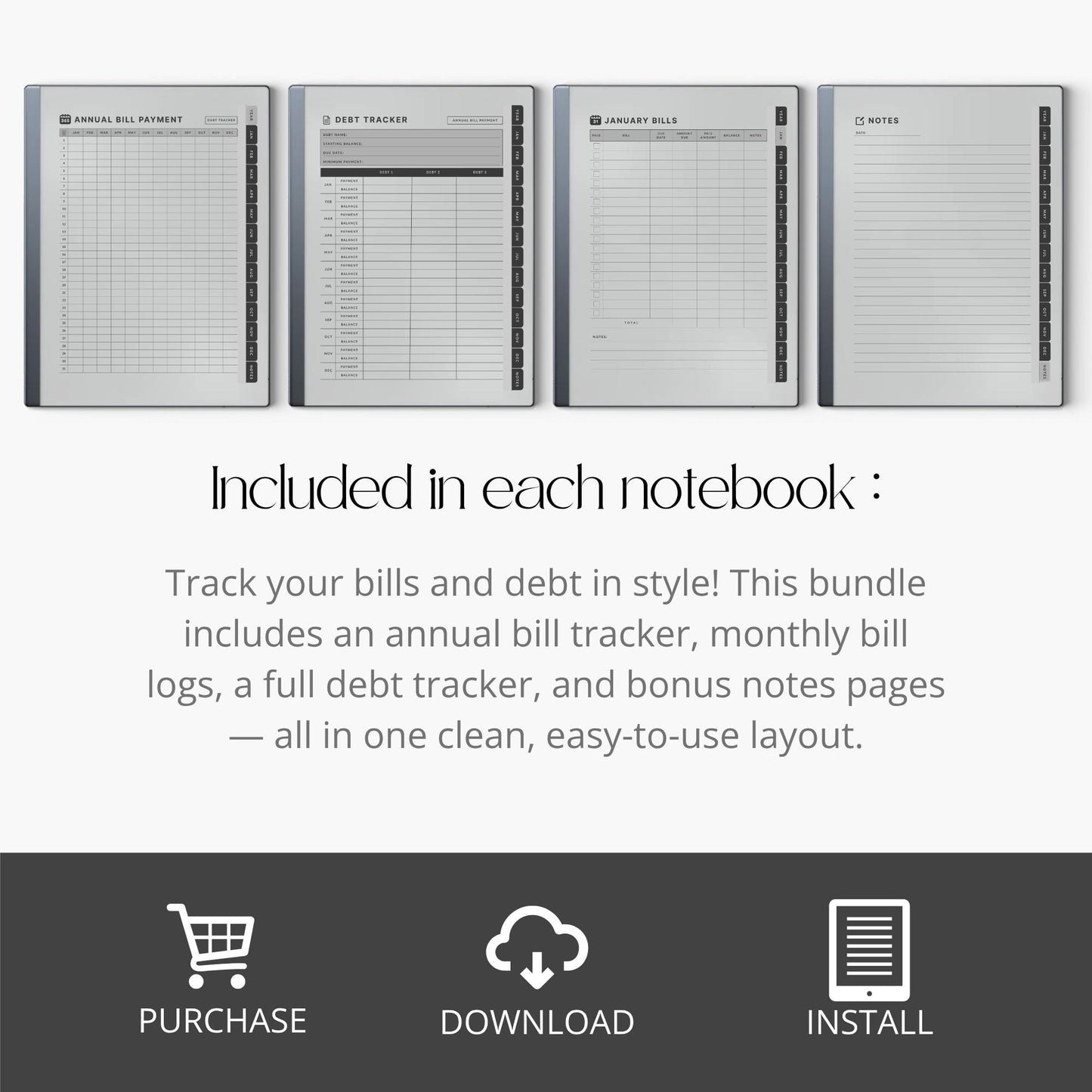 Spending Tracker PDF for reMarkable 1 and reMarkable 2 with annual bill tracker, debt log, and monthly budget pages.
