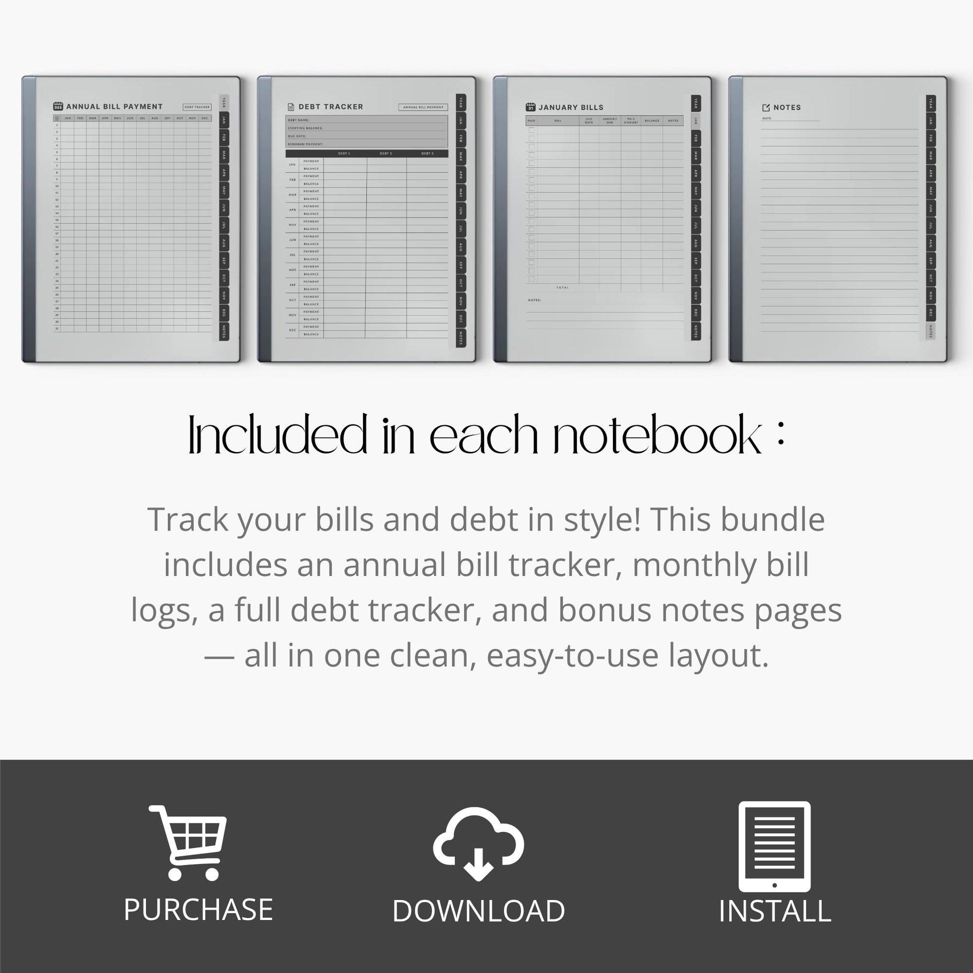 Spending Tracker PDF for reMarkable 1 and reMarkable 2 with annual bill tracker, debt log, and monthly budget pages.