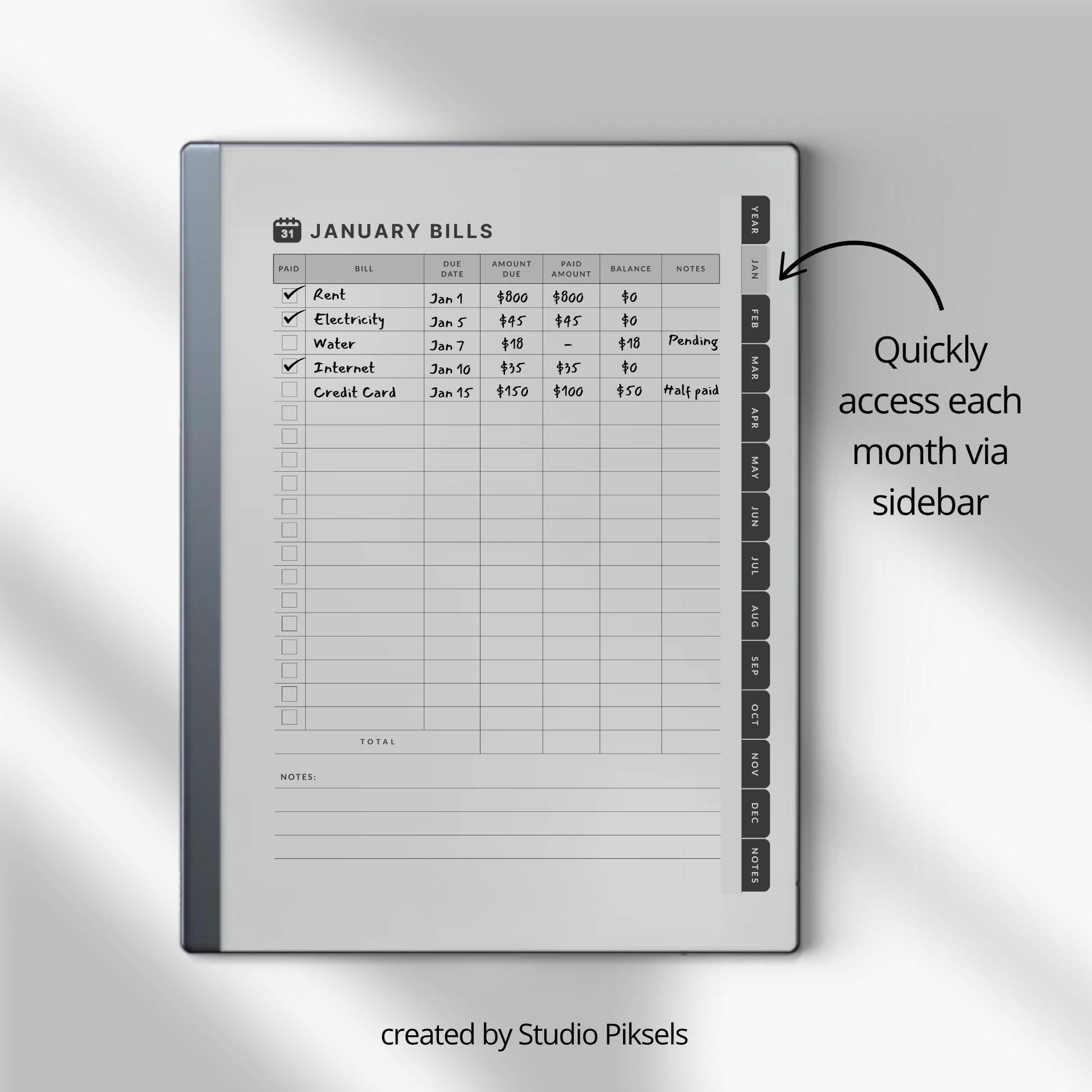 Spending Tracker PDF for reMarkable 1 and reMarkable 2 with annual bill tracker, debt log, and monthly budget pages.