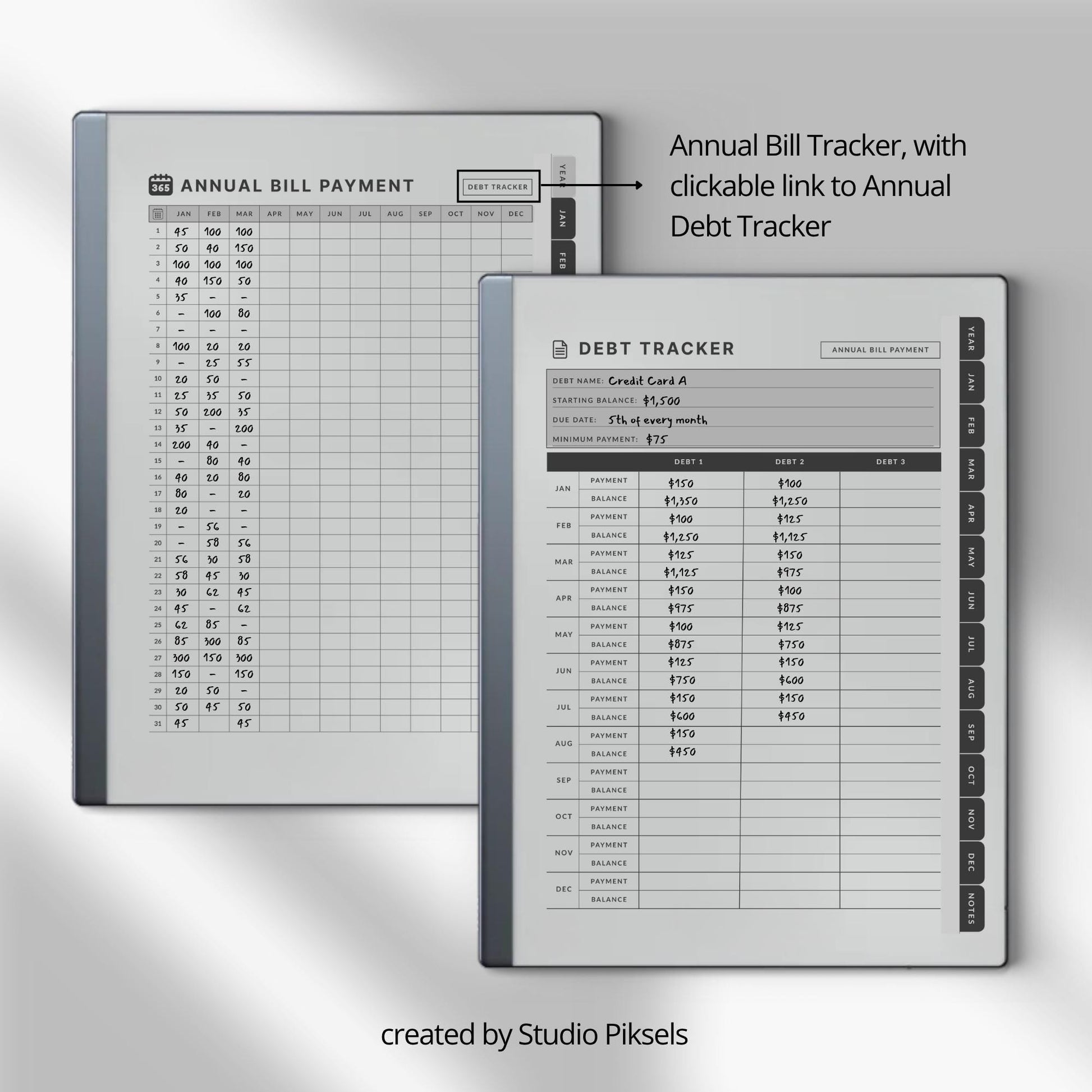 Spending Tracker PDF for reMarkable 1 and reMarkable 2 with annual bill tracker, debt log, and monthly budget pages.
