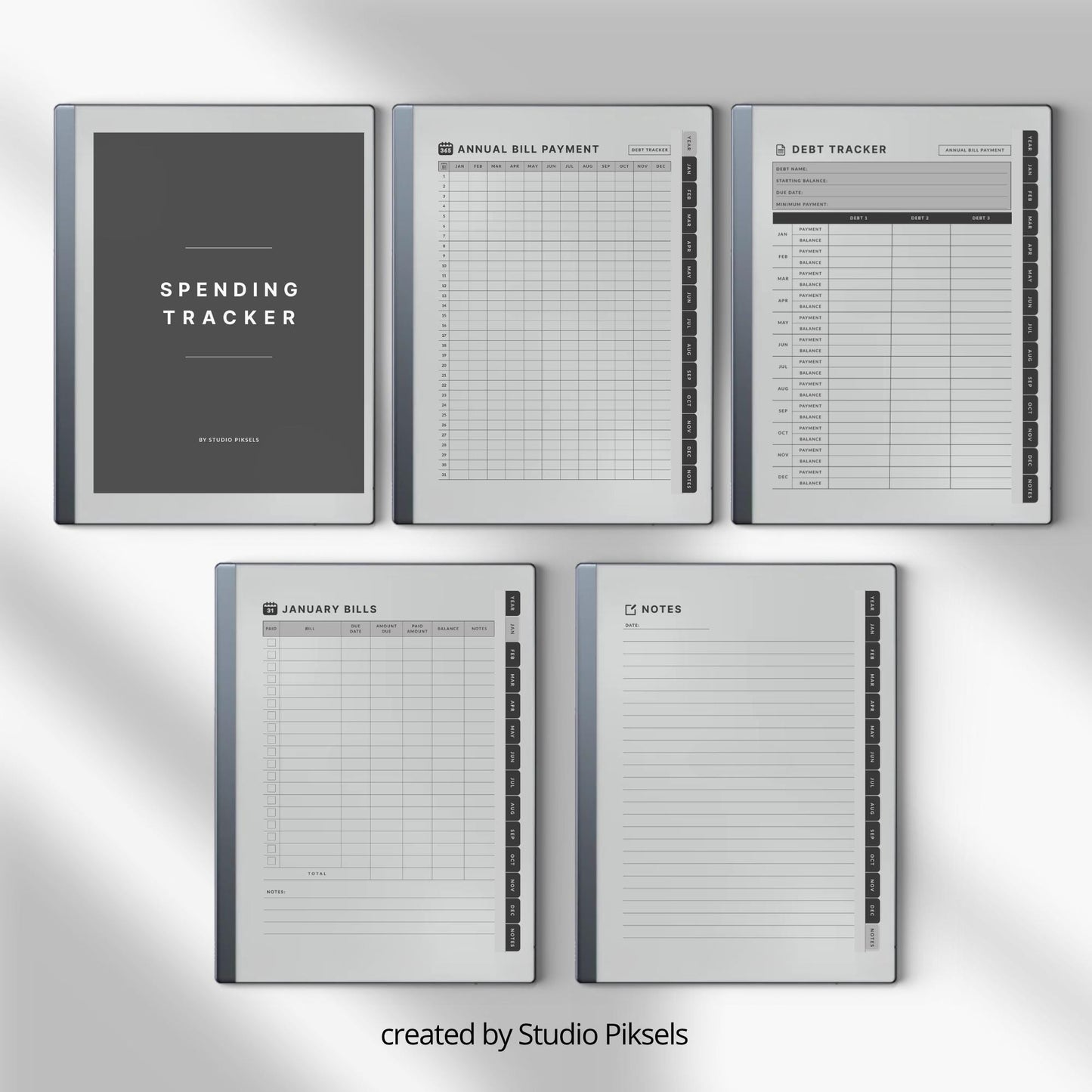 Spending Tracker PDF for reMarkable 1 and reMarkable 2 with annual bill tracker, debt log, and monthly budget pages.