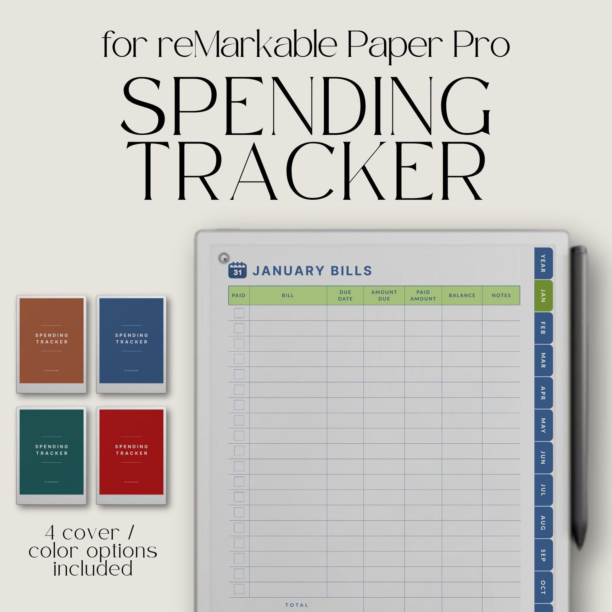 Spending Trackers for reMarkable Paper Pro with annual bill tracker, debt tracker pages, monthly bill logs, and four color themes.
