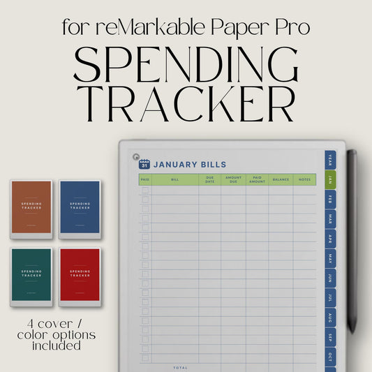 Spending Trackers for reMarkable Paper Pro with annual bill tracker, debt tracker pages, monthly bill logs, and four color themes.