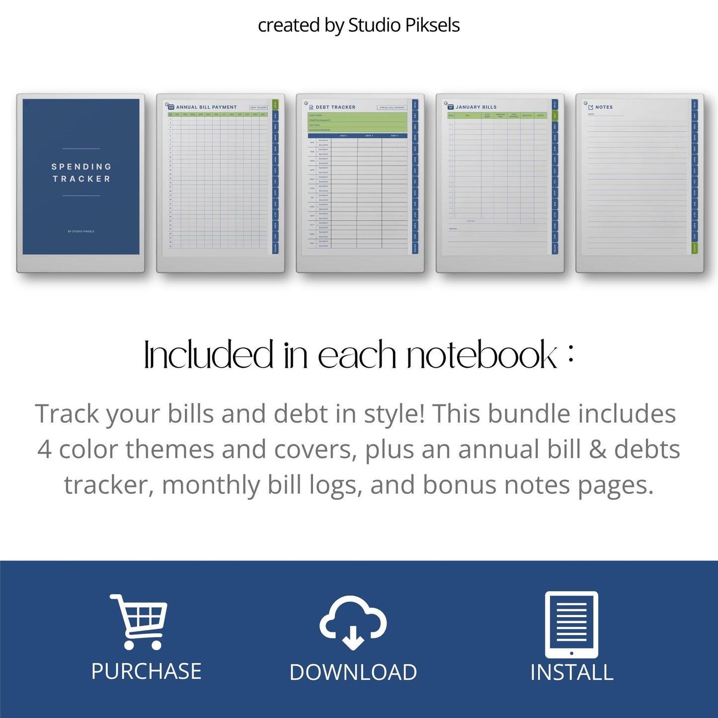 Spending Trackers for reMarkable Paper Pro with annual bill tracker, debt tracker pages, monthly bill logs, and four color themes.
