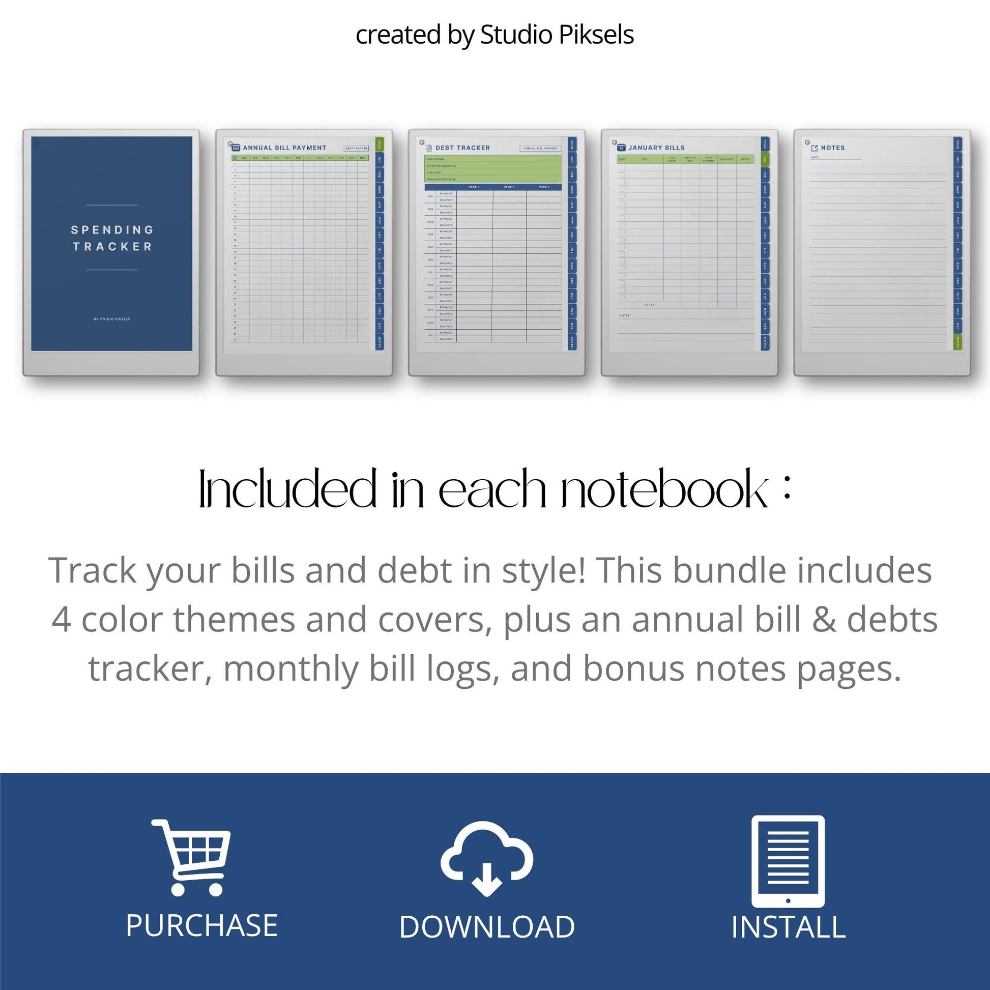 Spending Trackers for reMarkable Paper Pro with annual bill tracker, debt tracker pages, monthly bill logs, and four color themes.