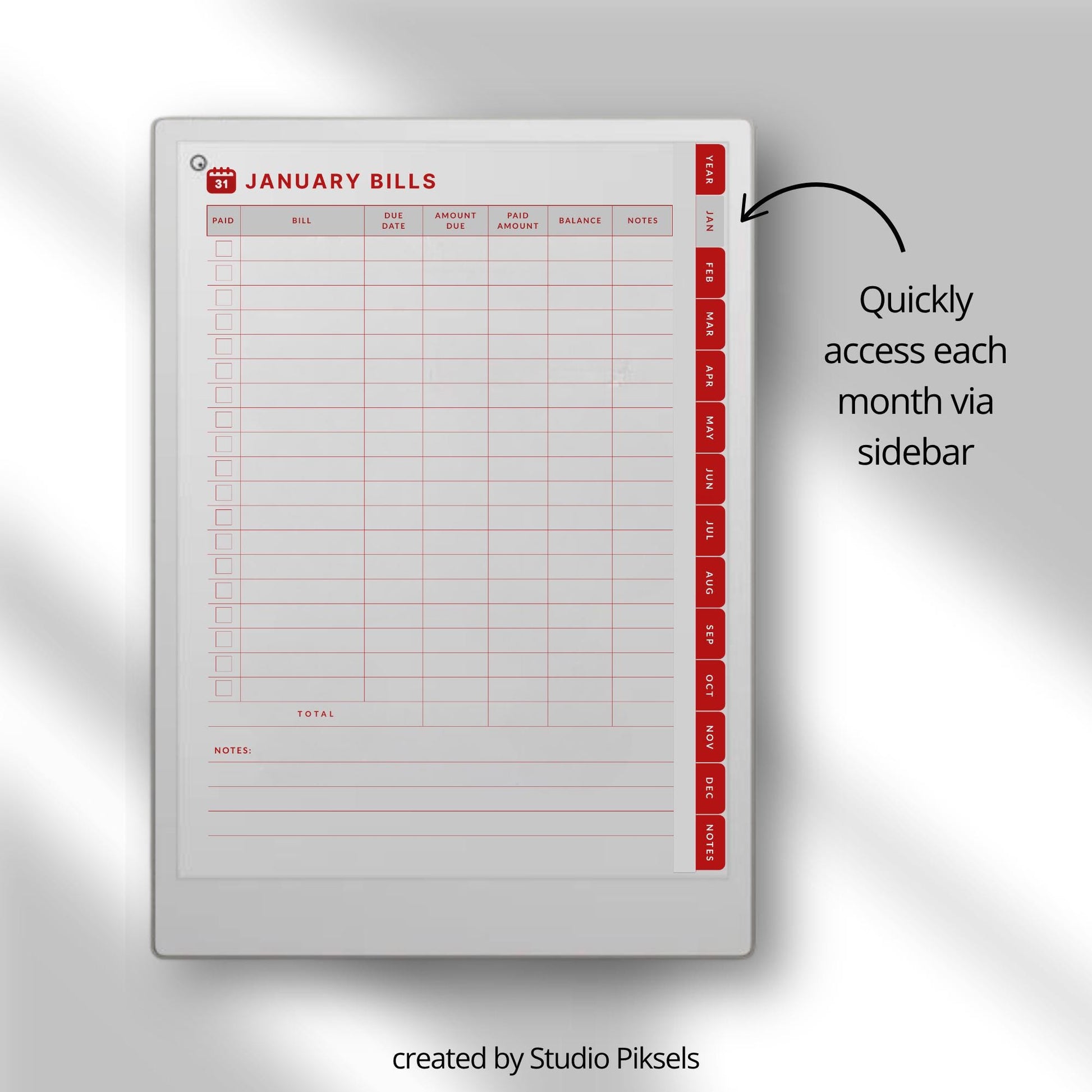 Spending Trackers for reMarkable Paper Pro with annual bill tracker, debt tracker pages, monthly bill logs, and four color themes.