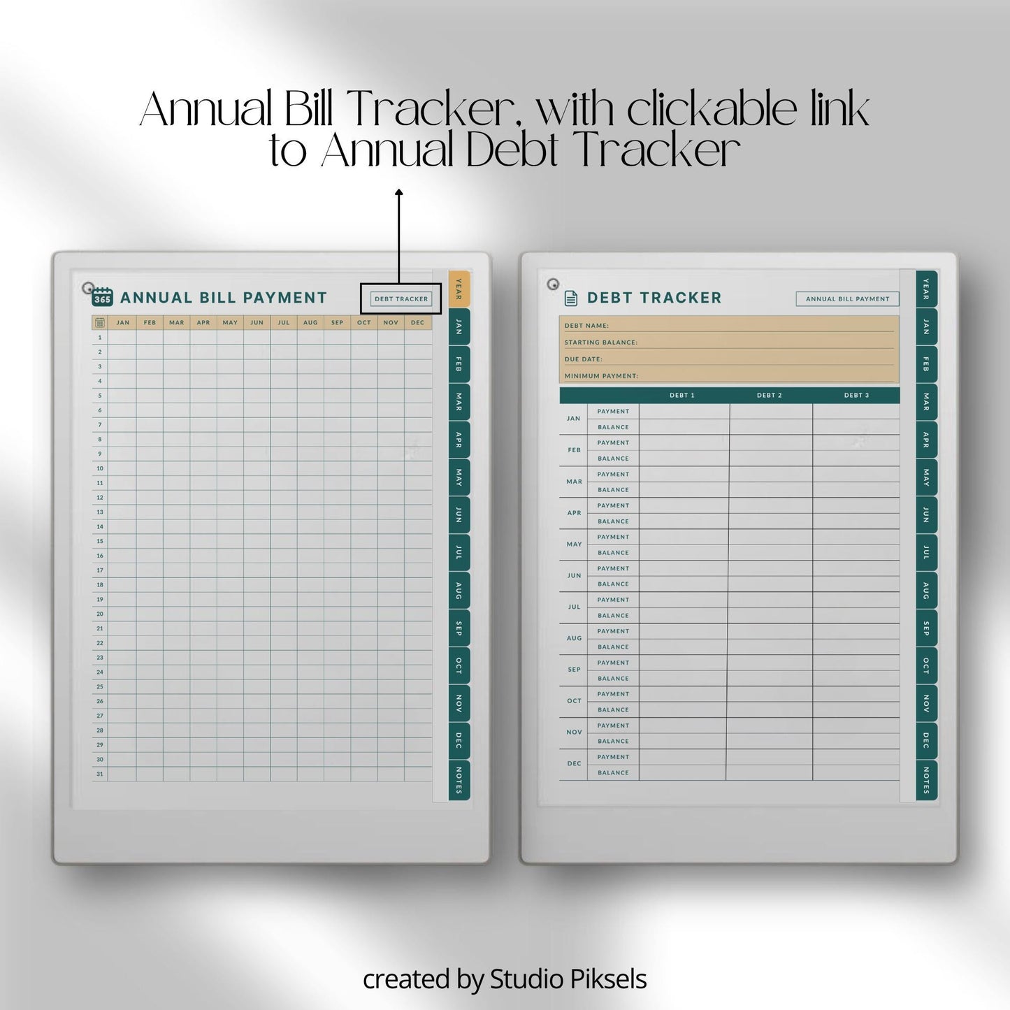 Spending Trackers for reMarkable Paper Pro with annual bill tracker, debt tracker pages, monthly bill logs, and four color themes.