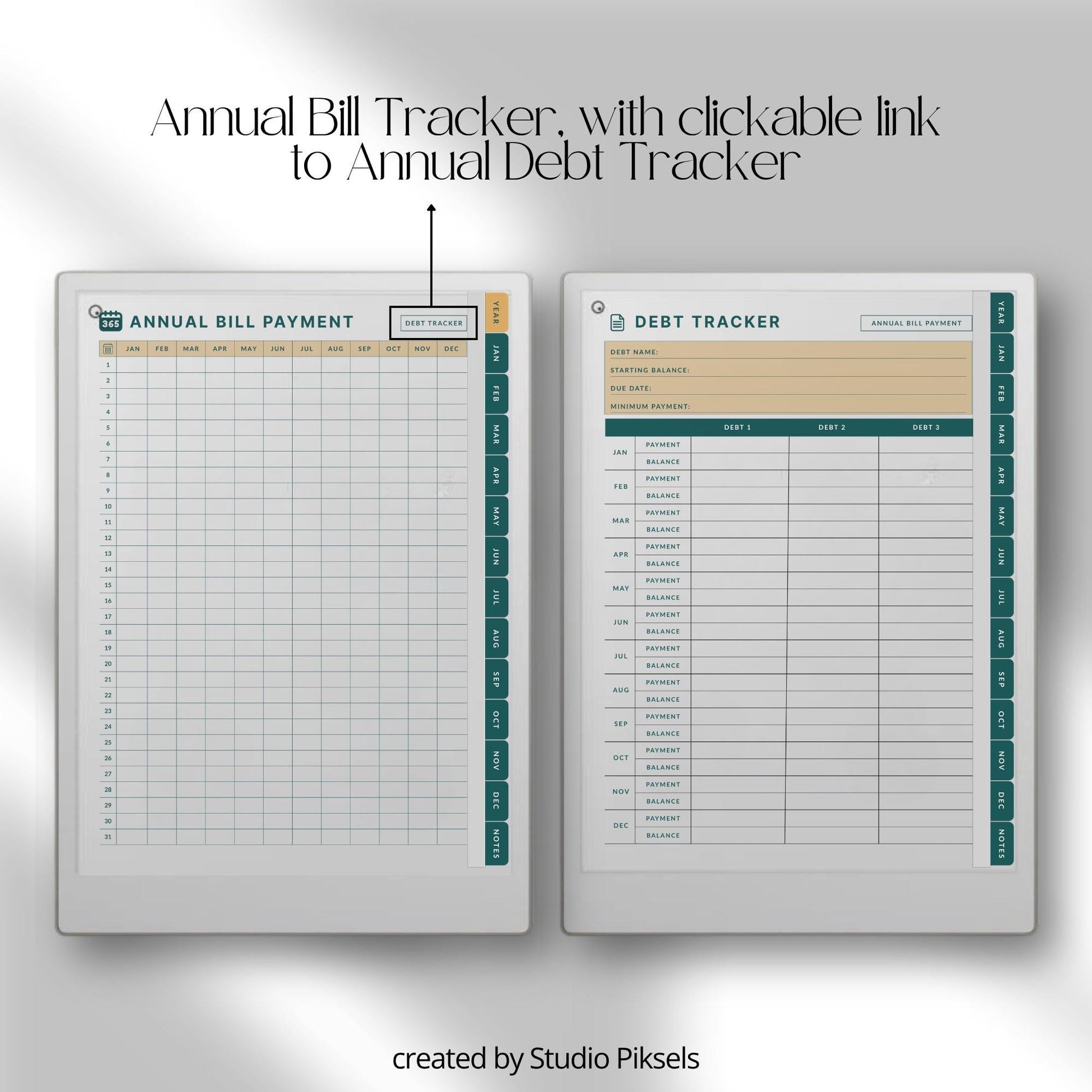 Spending Trackers for reMarkable Paper Pro with annual bill tracker, debt tracker pages, monthly bill logs, and four color themes.
