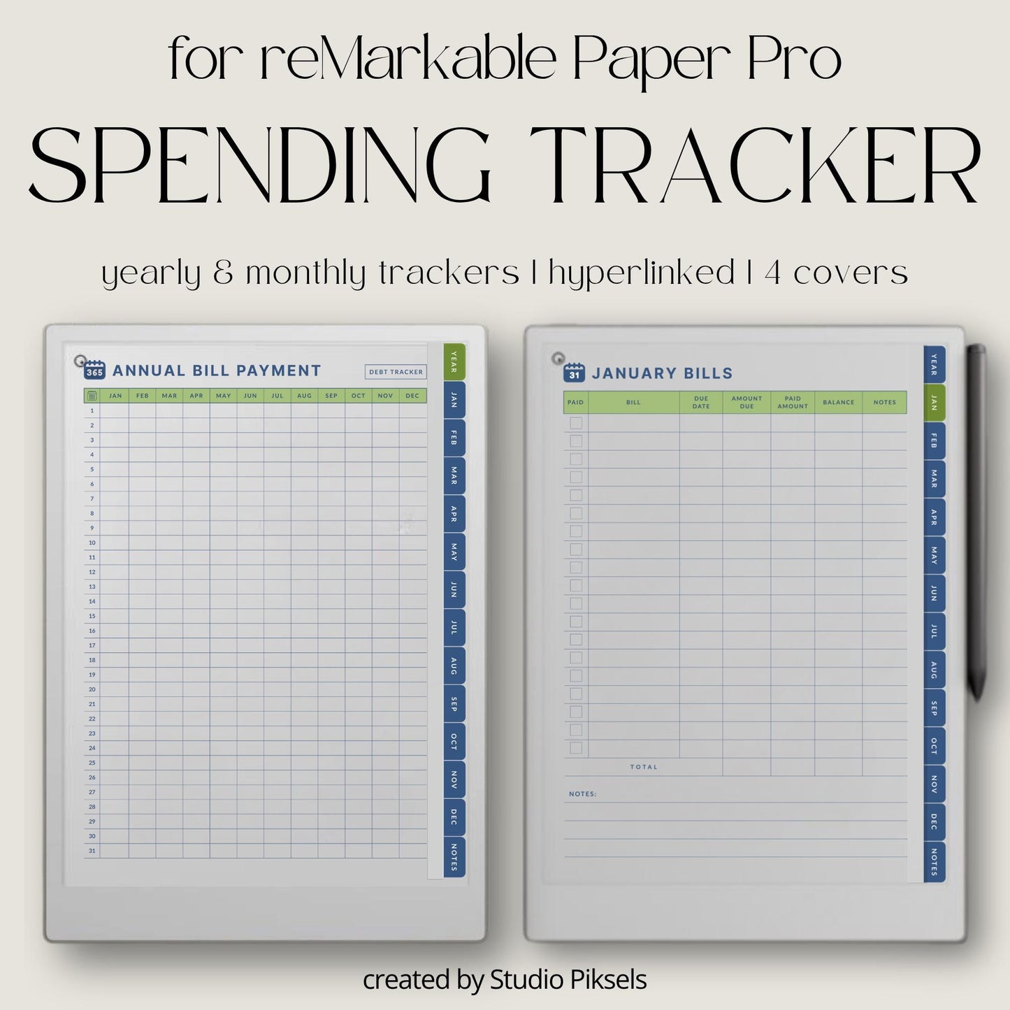 Spending Trackers for reMarkable Paper Pro with annual bill tracker, debt tracker pages, monthly bill logs, and four color themes.