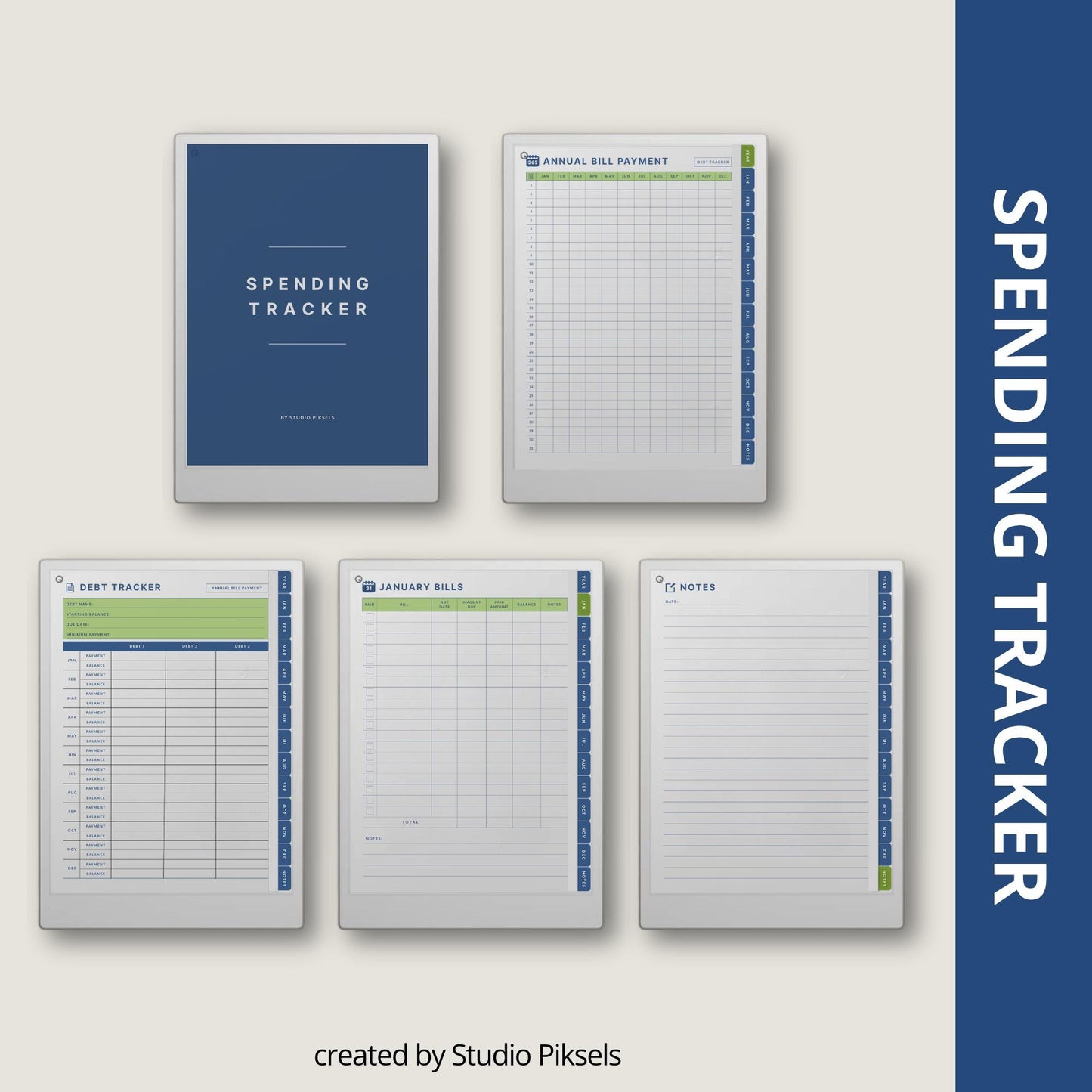 Spending Trackers for reMarkable Paper Pro with annual bill tracker, debt tracker pages, monthly bill logs, and four color themes.