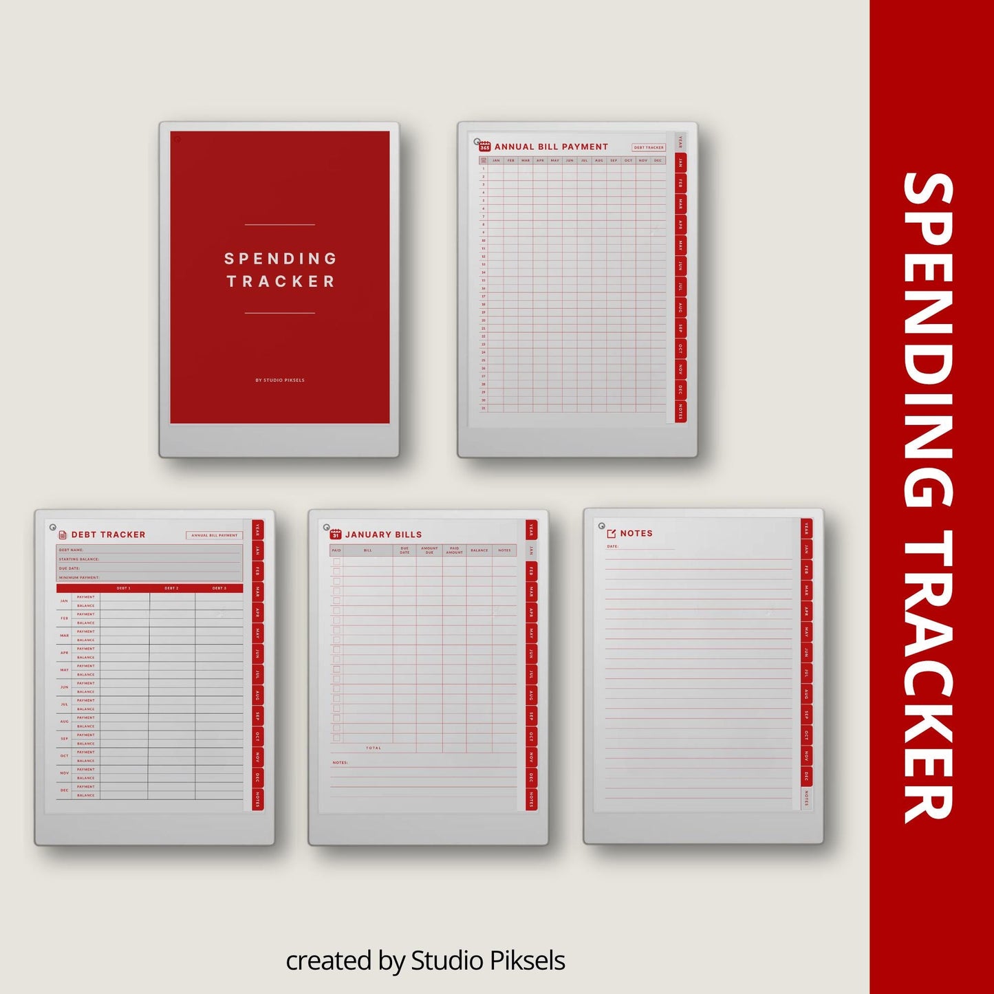 Spending Trackers for reMarkable Paper Pro with annual bill tracker, debt tracker pages, monthly bill logs, and four color themes.