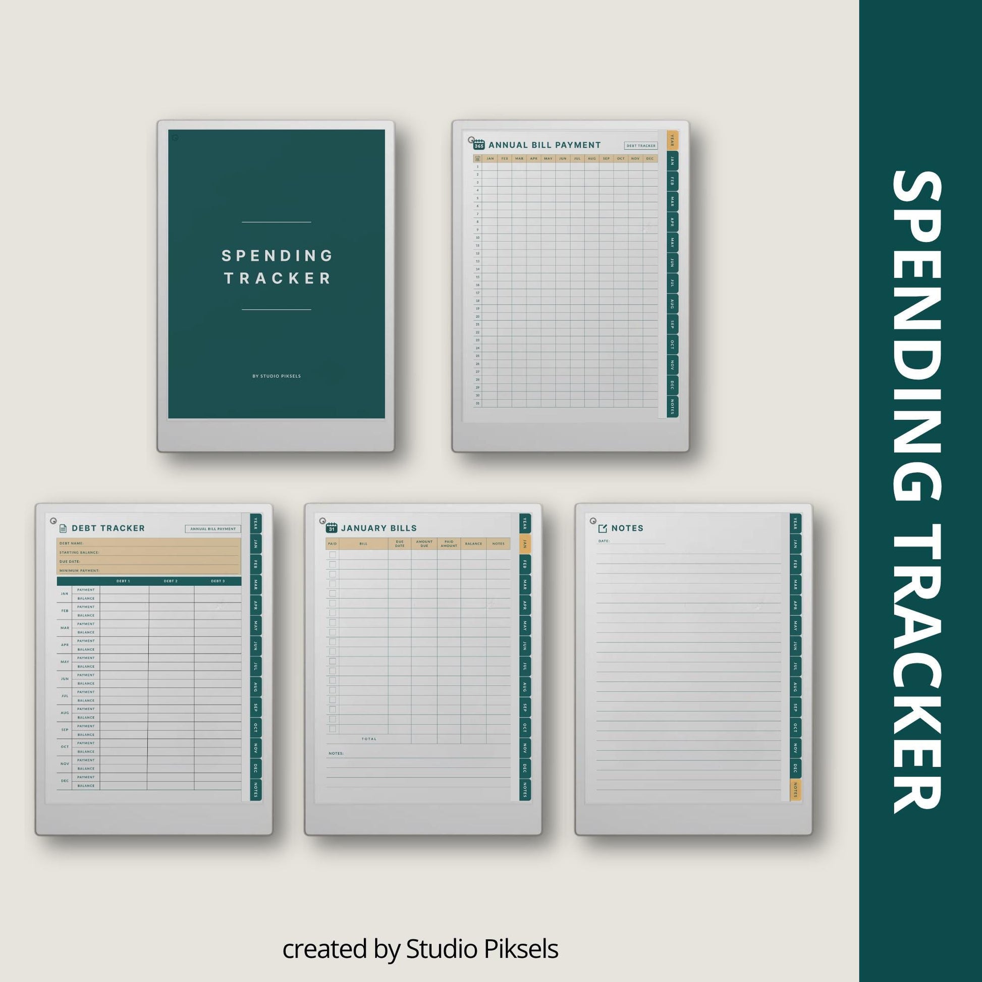Spending Trackers for reMarkable Paper Pro with annual bill tracker, debt tracker pages, monthly bill logs, and four color themes.