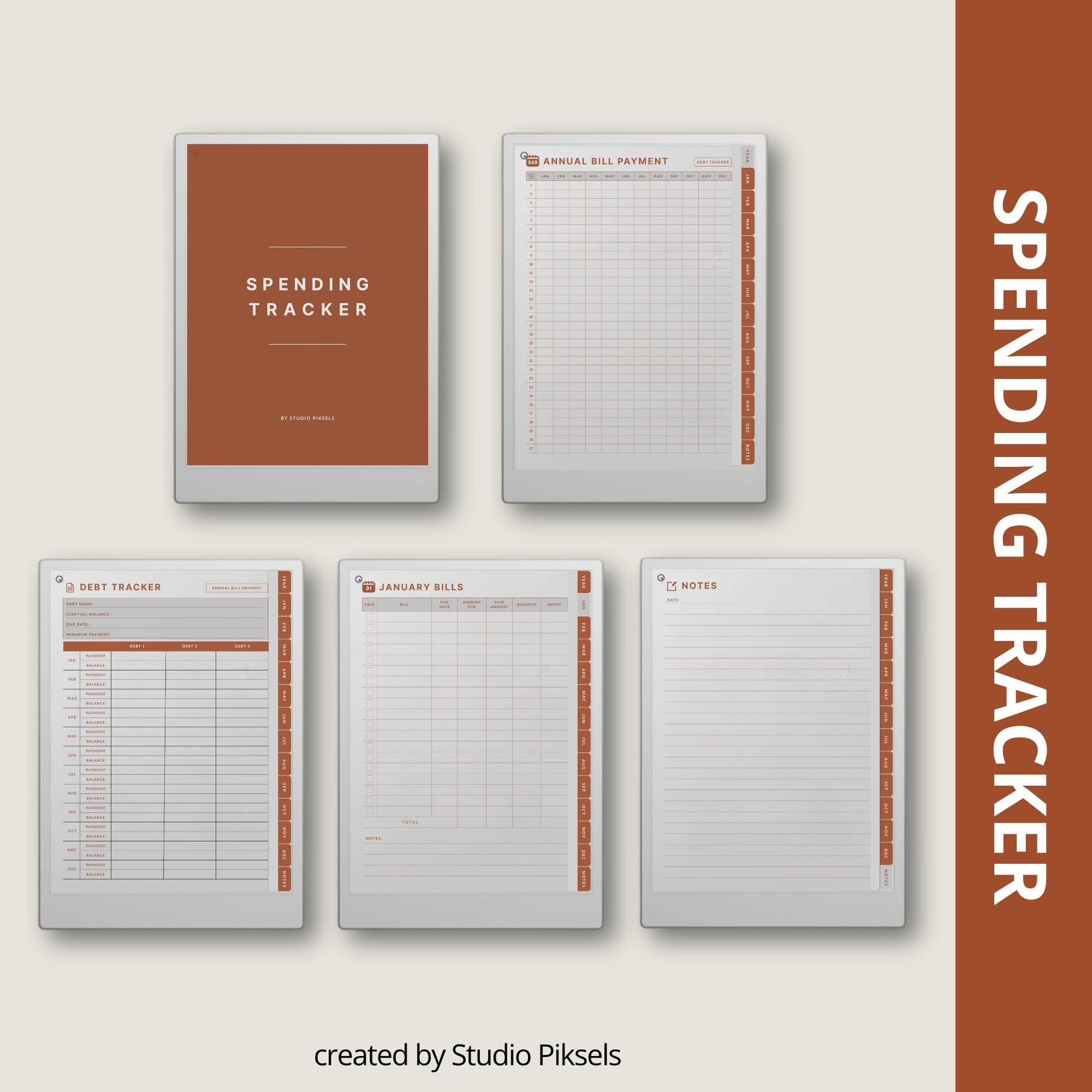 Spending Trackers for reMarkable Paper Pro with annual bill tracker, debt tracker pages, monthly bill logs, and four color themes.