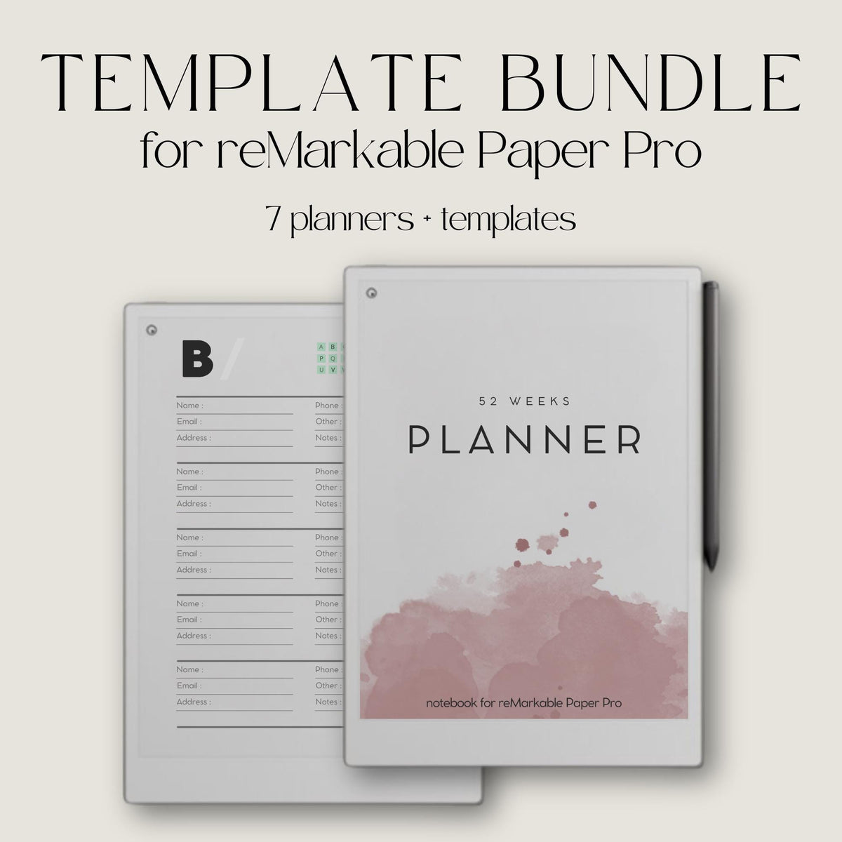 Starter Bundle for reMarkable Paper Pro all-in-one digital planner bundle with hyperlinked year planner, address book, password tracker, notebook, and productivity templates. Includes structured planning tools, organization layouts, and creative pages for daily use on reMarkable Paper Pro.