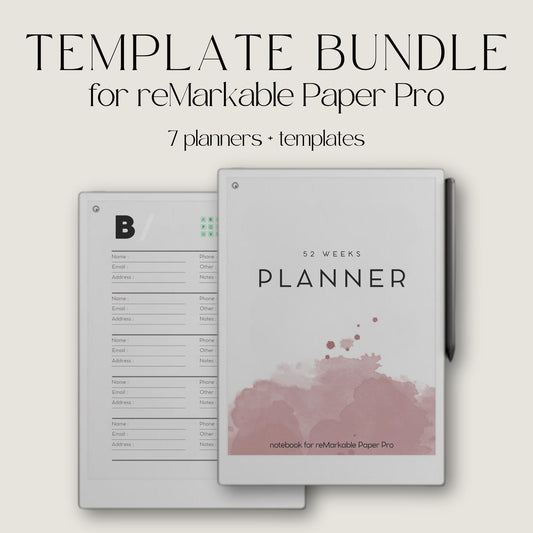 Starter Bundle for reMarkable Paper Pro all-in-one digital planner bundle with hyperlinked year planner, address book, password tracker, notebook, and productivity templates. Includes structured planning tools, organization layouts, and creative pages for daily use on reMarkable Paper Pro.