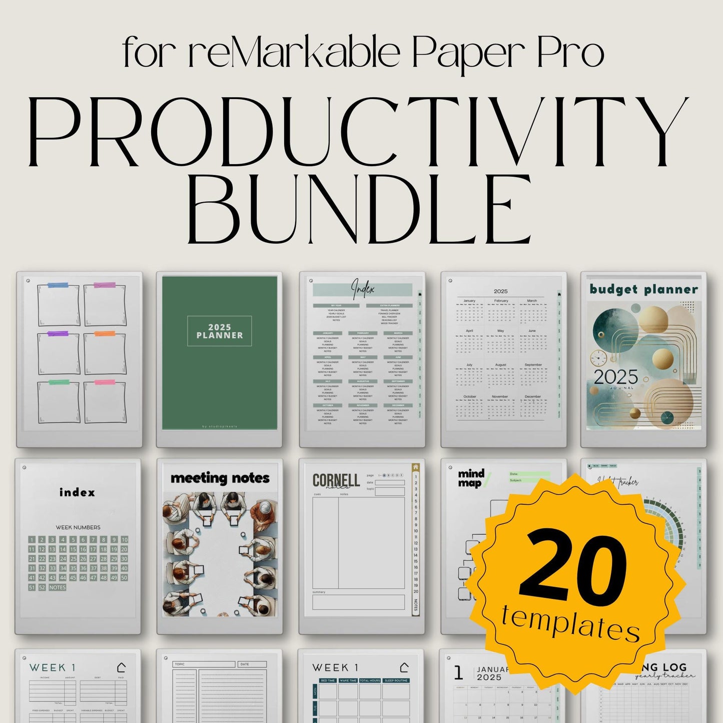 Starter productivity bundle for reMarkable Paper Pro with planners, notebooks, trackers, and hyperlinked digital templates for daily, weekly, and yearly organization, goal setting, habit tracking, budgeting, note taking, and structured digital planning in a minimalist grayscale system.