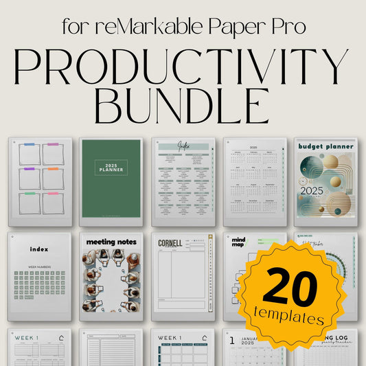 Starter productivity bundle for reMarkable Paper Pro with planners, notebooks, trackers, and hyperlinked digital templates for daily, weekly, and yearly organization, goal setting, habit tracking, budgeting, note taking, and structured digital planning in a minimalist grayscale system.