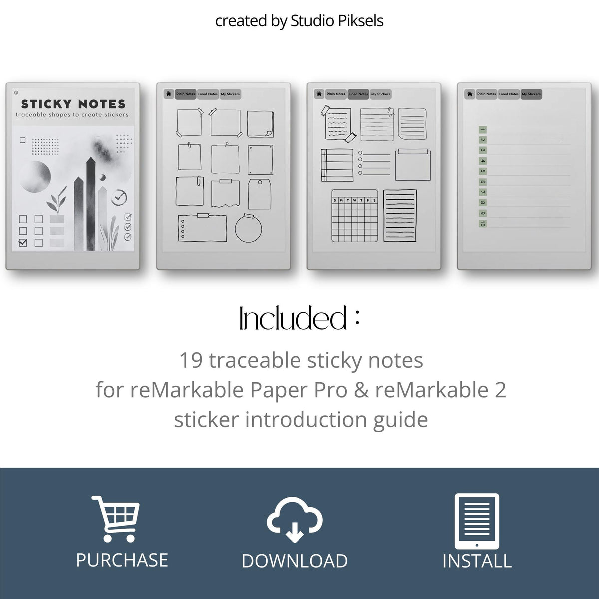 19 digital Sticky Note Stickers for reMarkable 2 and Paper Pure featuring reusable memo shapes for reminders, planning, note-taking, and Capture Tool use.