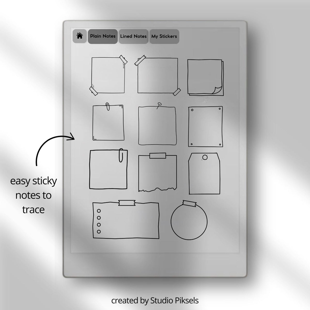 19 digital Sticky Note Stickers for reMarkable 2 and Paper Pure featuring reusable memo shapes for reminders, planning, note-taking, and Capture Tool use.