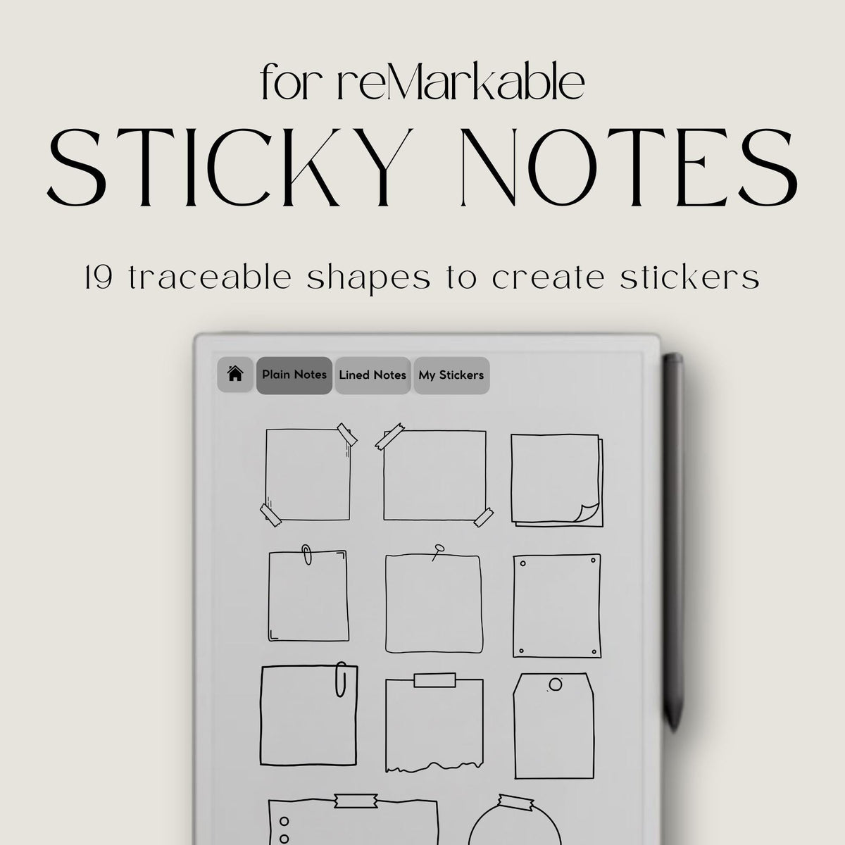 19 digital Sticky Note Stickers for reMarkable 2 and Paper Pure featuring reusable memo shapes for reminders, planning, note-taking, and Capture Tool use.