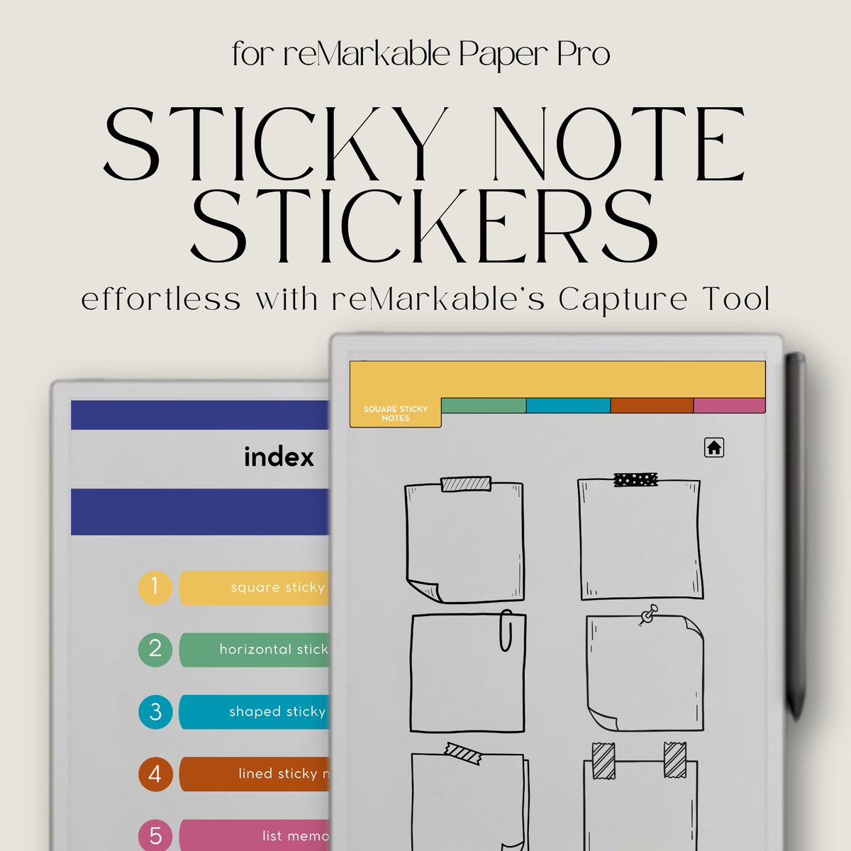 Digital Sticky Note Stickers for reMarkable Paper Pro featuring square, horizontal, shaped, lined, and list memo designs in a hyperlinked PDF with Capture Tool compatibility.