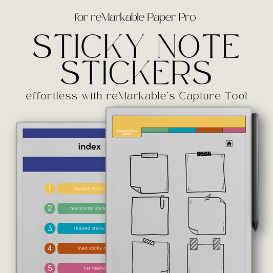 Digital Sticky Note Stickers for reMarkable Paper Pro featuring square, horizontal, shaped, lined, and list memo designs in a hyperlinked PDF with Capture Tool compatibility.
