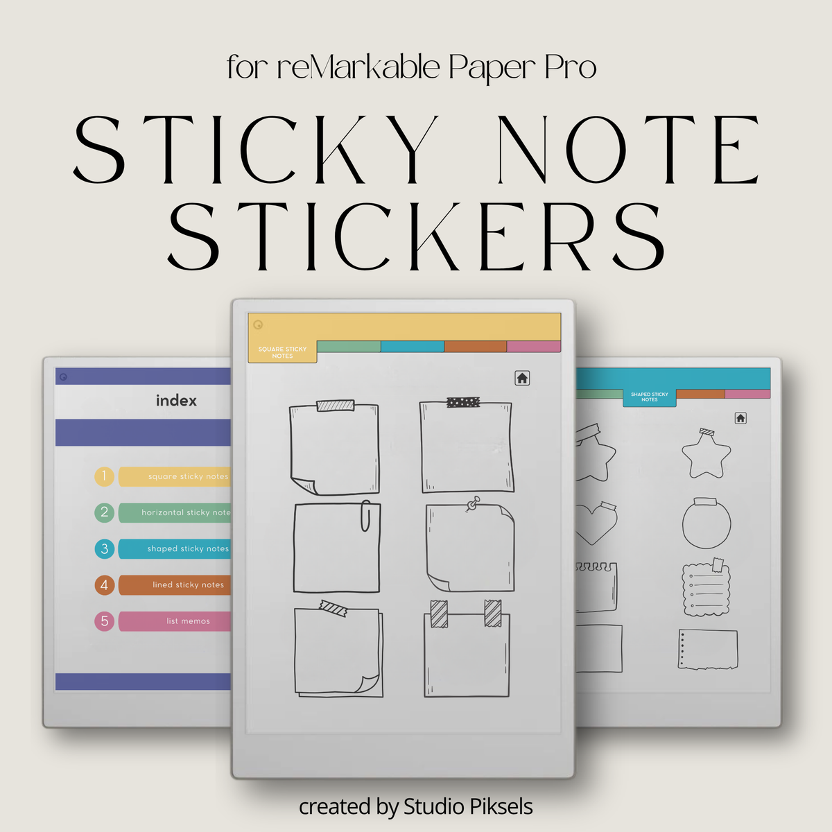 Digital Sticky Note Stickers for reMarkable Paper Pro featuring square, horizontal, shaped, lined, and list memo designs in a hyperlinked PDF with Capture Tool compatibility.