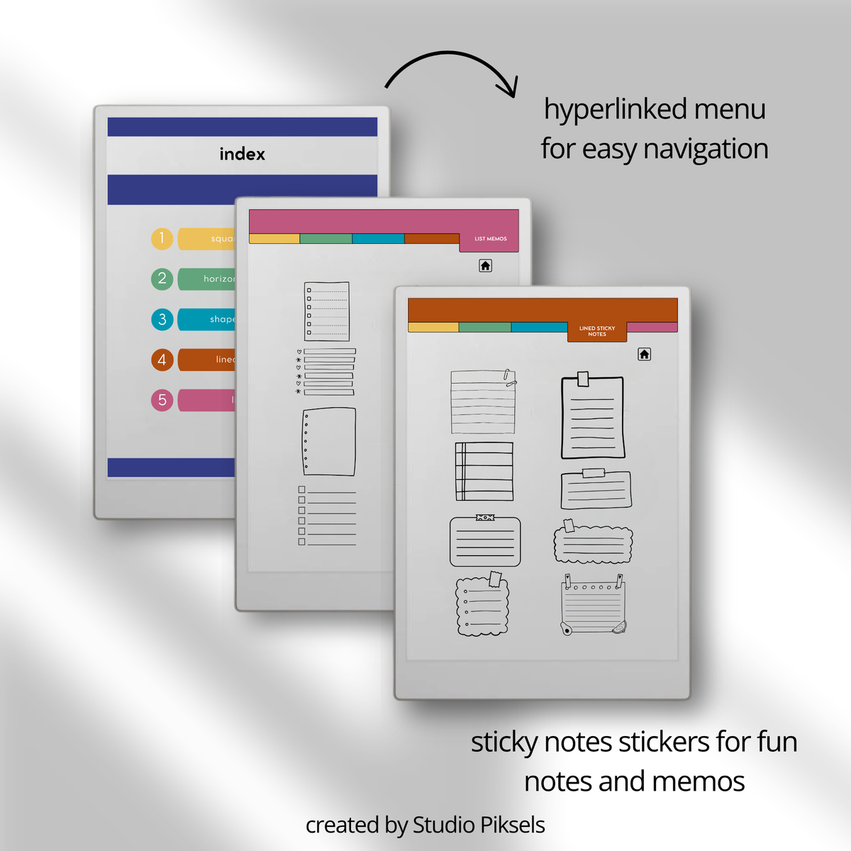 Digital Sticky Note Stickers for reMarkable Paper Pro featuring square, horizontal, shaped, lined, and list memo designs in a hyperlinked PDF with Capture Tool compatibility.