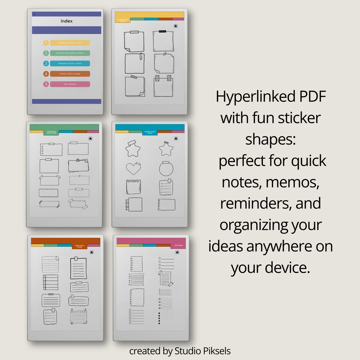 Digital Sticky Note Stickers for reMarkable Paper Pro featuring square, horizontal, shaped, lined, and list memo designs in a hyperlinked PDF with Capture Tool compatibility.
