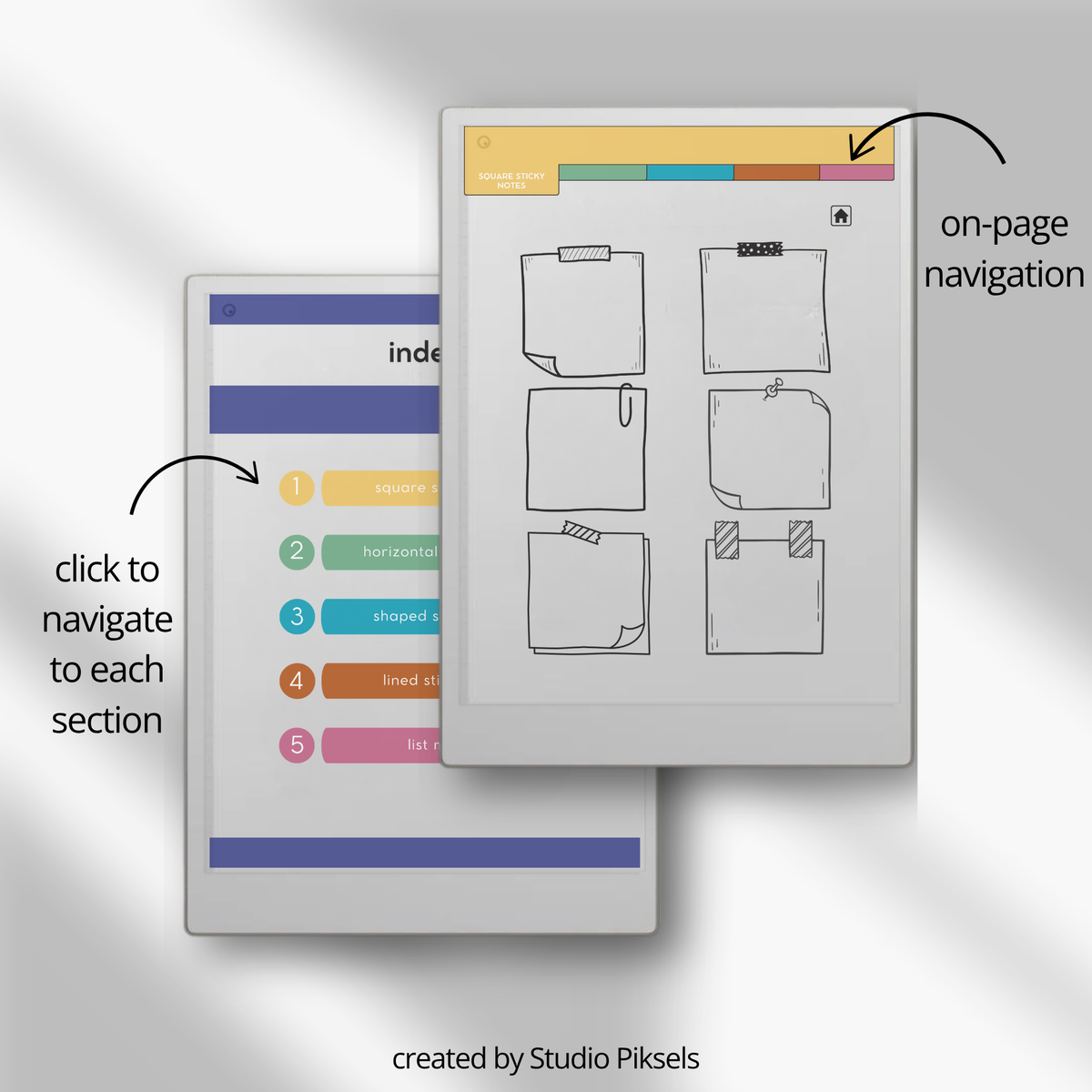 Digital Sticky Note Stickers for reMarkable Paper Pro featuring square, horizontal, shaped, lined, and list memo designs in a hyperlinked PDF with Capture Tool compatibility.