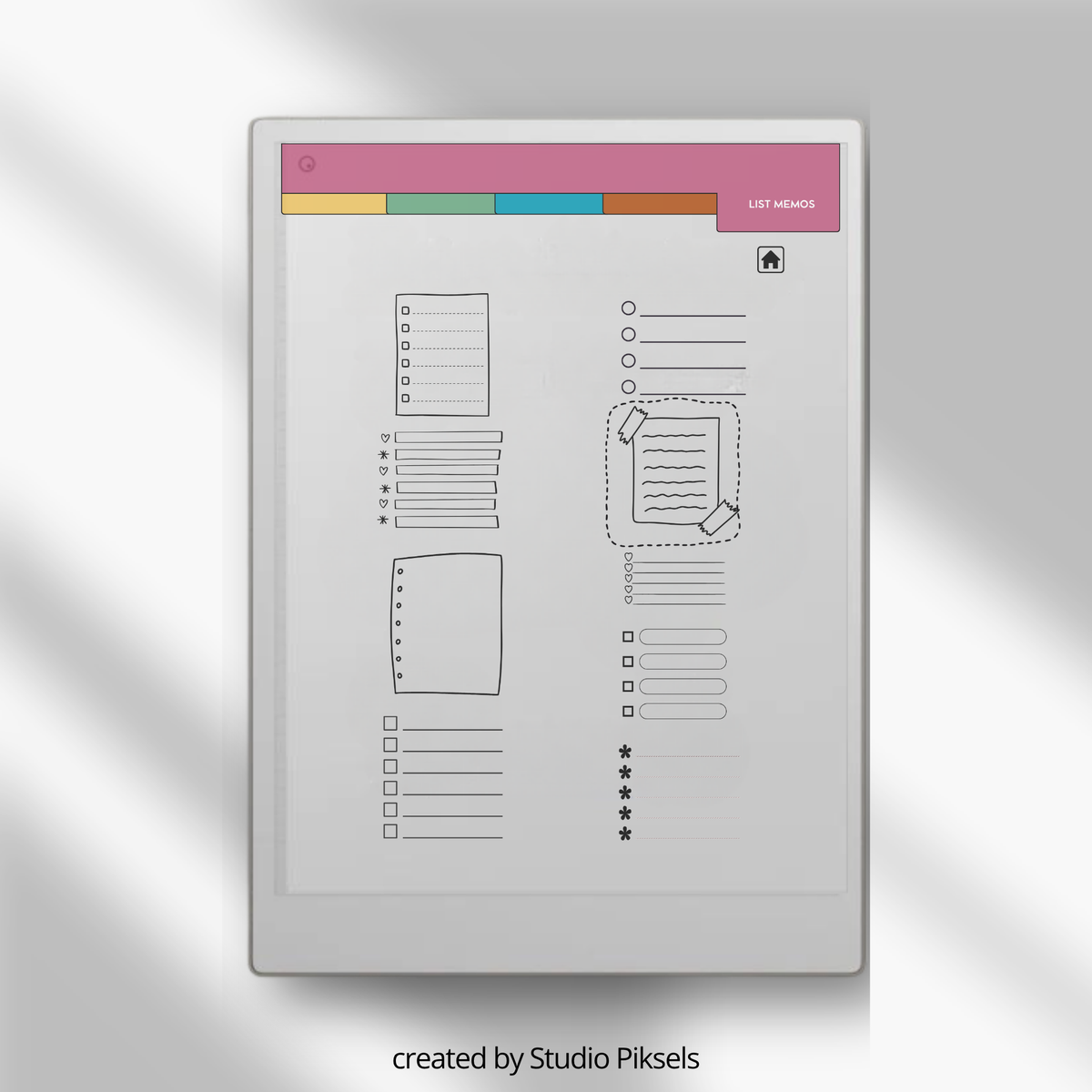 Digital Sticky Note Stickers for reMarkable Paper Pro featuring square, horizontal, shaped, lined, and list memo designs in a hyperlinked PDF with Capture Tool compatibility.