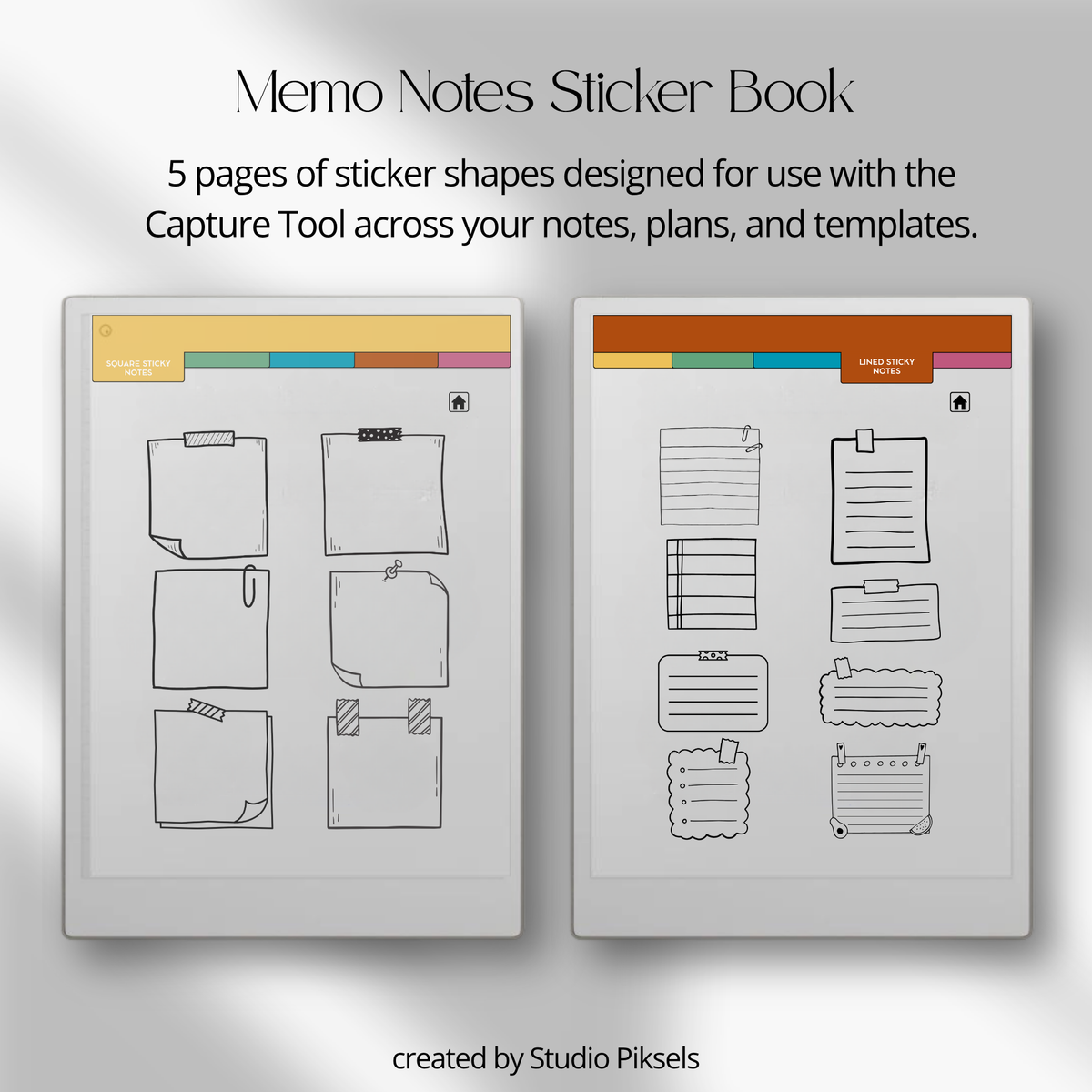 Digital Sticky Note Stickers for reMarkable Paper Pro featuring square, horizontal, shaped, lined, and list memo designs in a hyperlinked PDF with Capture Tool compatibility.