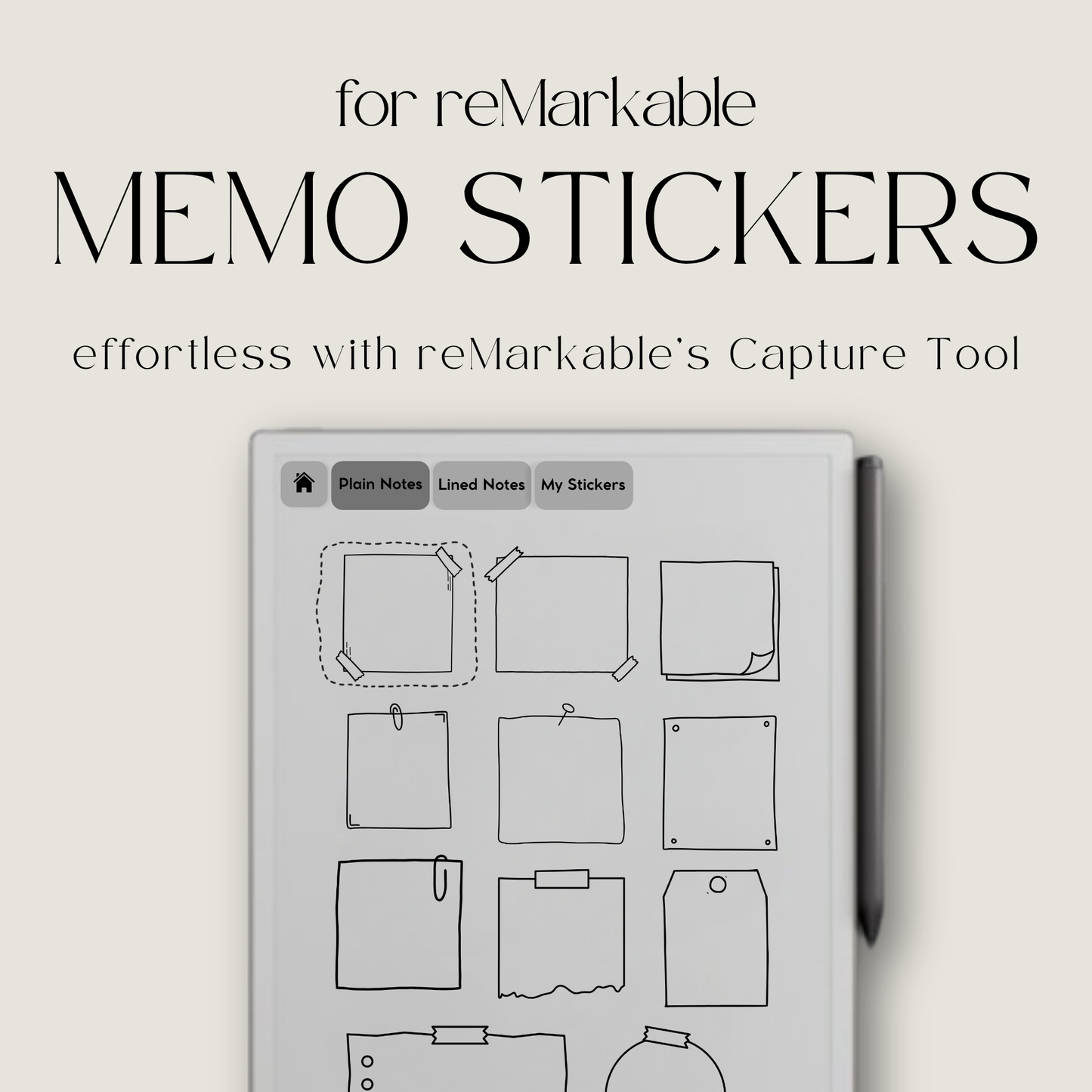 digital sticky note stickers for reMarkable Paper Pro, Paper Pure, and reMarkable 2 with memo shapes for reminders, planning, tasks, and notes.