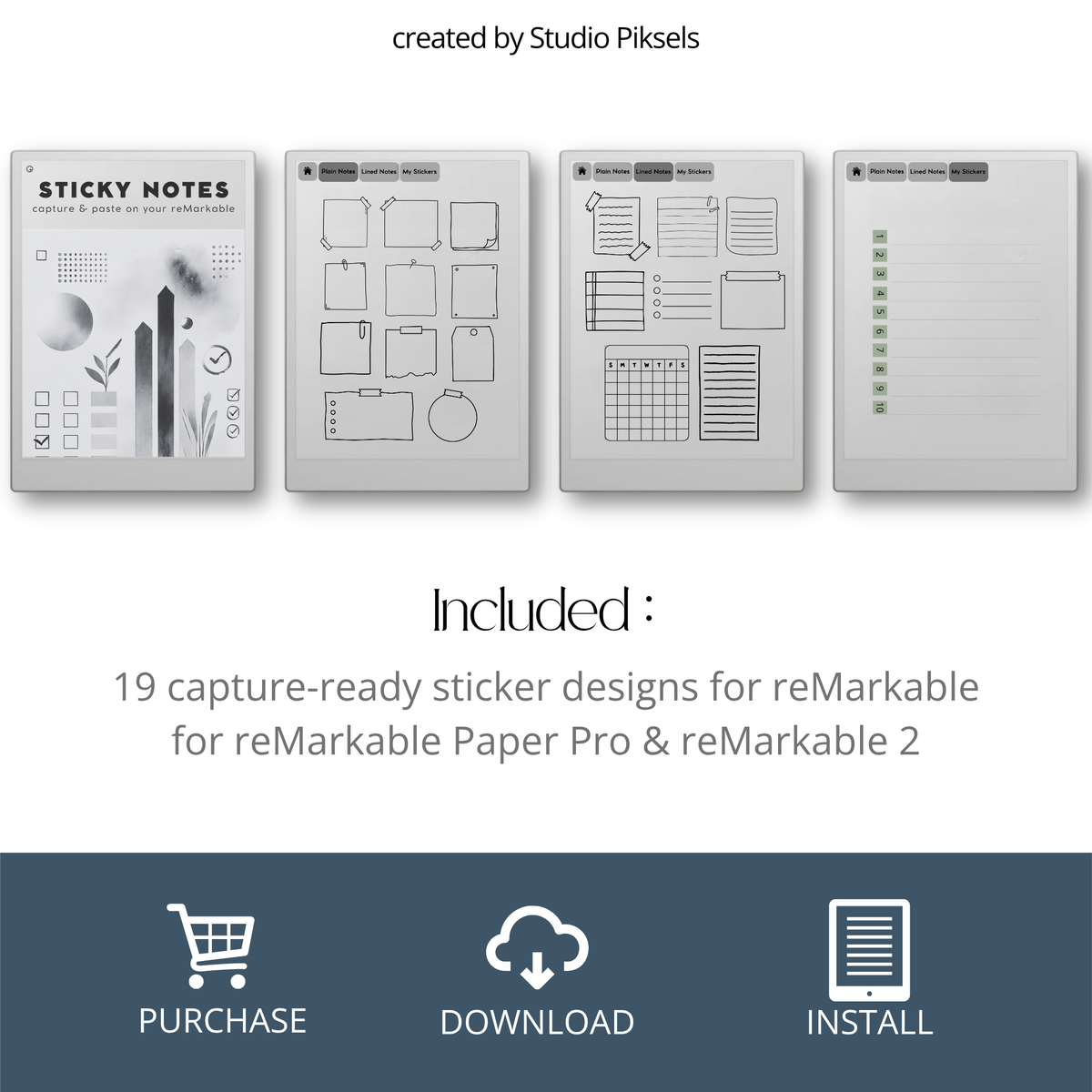digital sticky note stickers for reMarkable Paper Pro, Paper Pure, and reMarkable 2 with memo shapes for reminders, planning, tasks, and notes.
