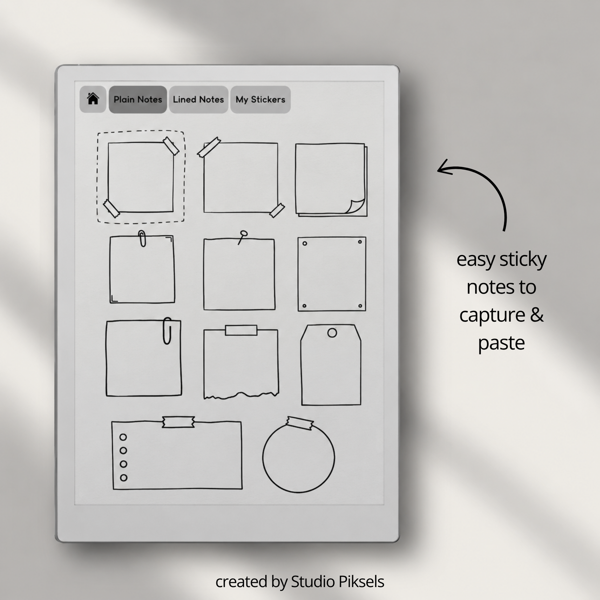digital sticky note stickers for reMarkable Paper Pro, Paper Pure, and reMarkable 2 with memo shapes for reminders, planning, tasks, and notes.