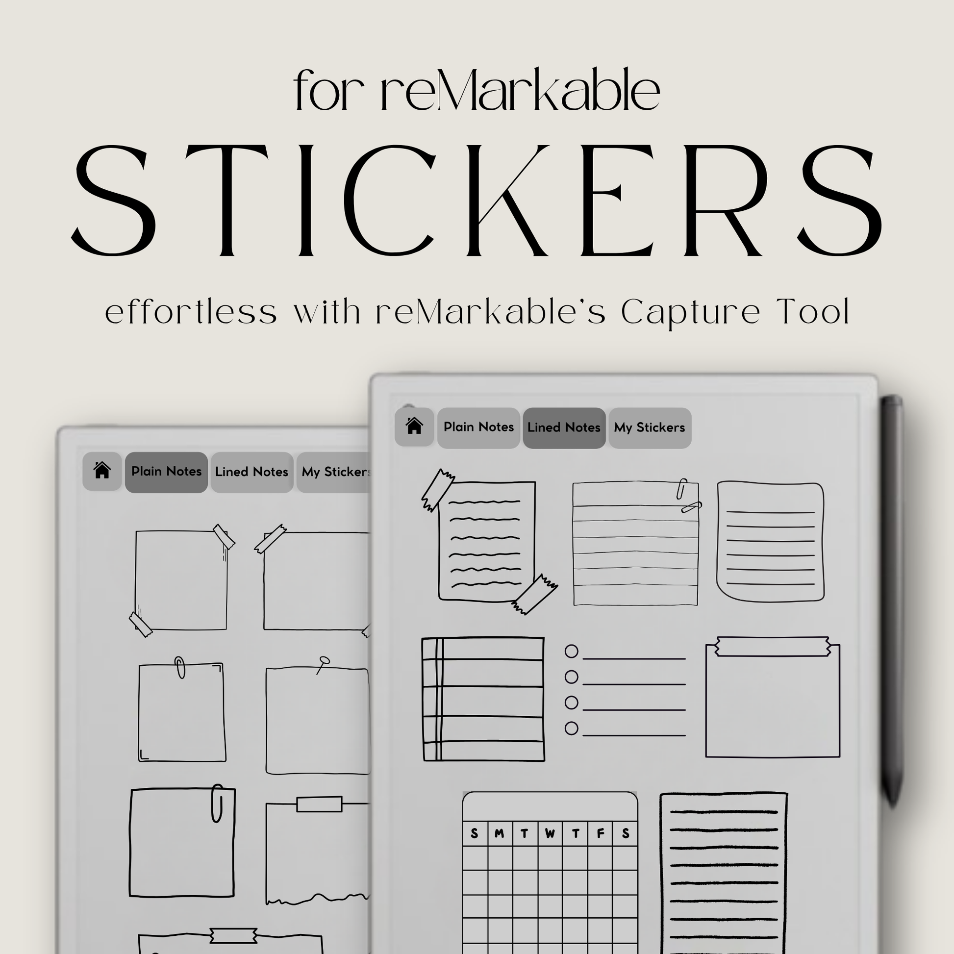 digital sticky note stickers for reMarkable Paper Pro, Paper Pure, and reMarkable 2 with memo shapes for reminders, planning, tasks, and notes.