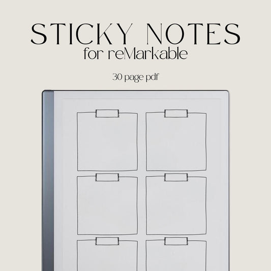 Sticky Notebook for reMarkable 2 and reMarkable Paper Pure featuring reusable digital sticky note pages with minimalist layouts for task management and note-taking.