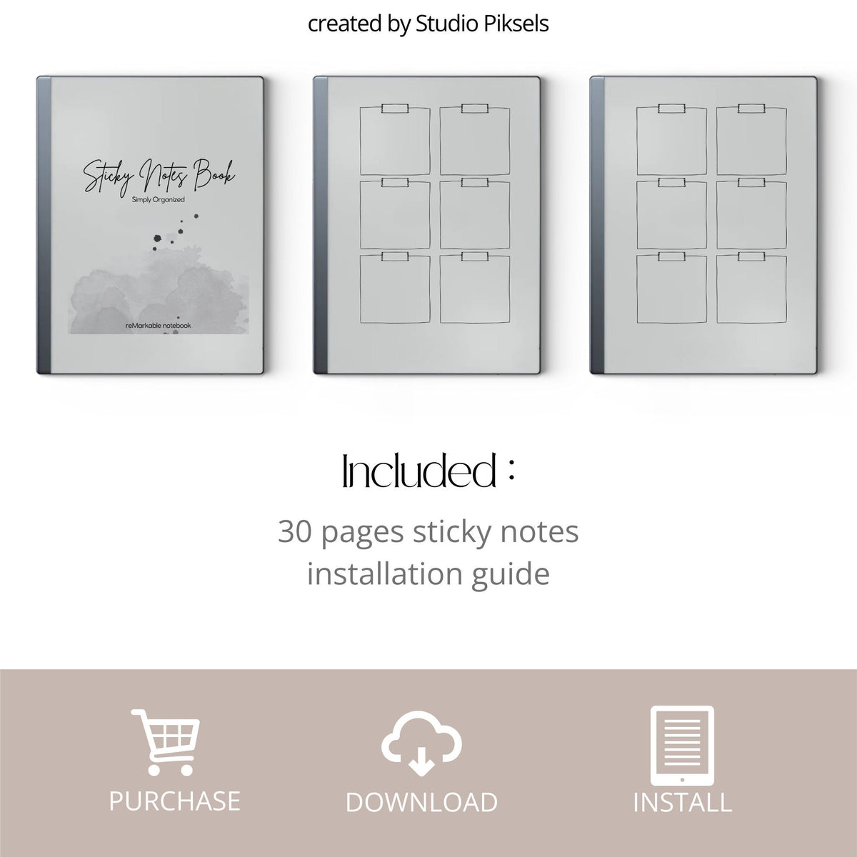 Sticky Notes notebook for reMarkable 2 and Paper Pure showing minimalist grayscale memo pages with six sticky note sections per page and Capture Tool compatibility.