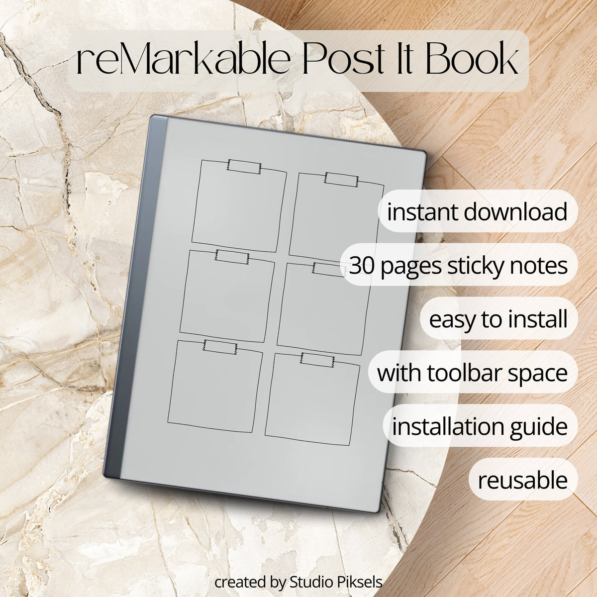 Sticky Notes notebook for reMarkable 2 and Paper Pure showing minimalist grayscale memo pages with six sticky note sections per page and Capture Tool compatibility.